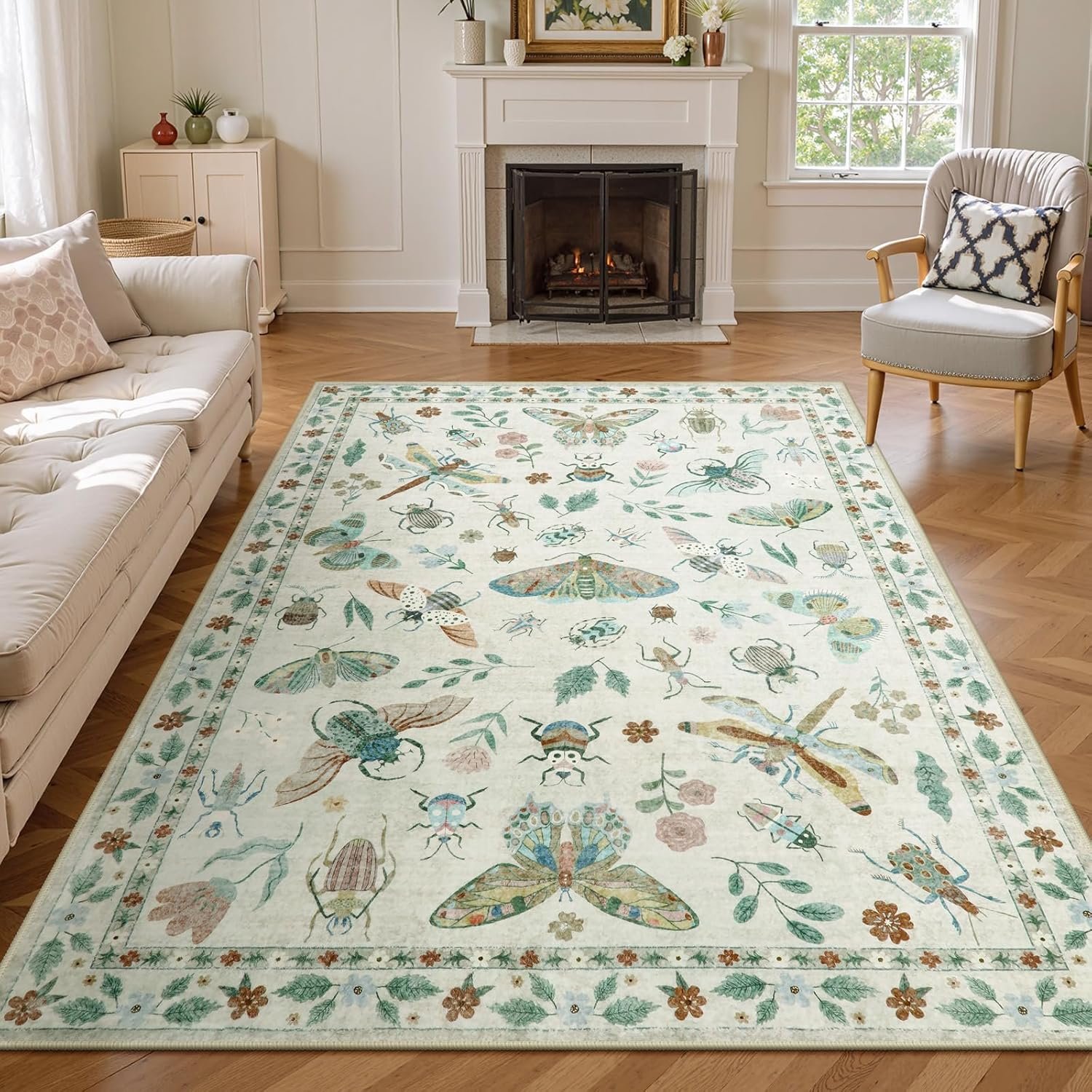 Lahome Insect Print Washable Area Rugs 5×7, Soft Rugs for Living Room Ultra-Thin Non-Shedding Modern Bedroom Rug, Throw Rug Large Carpet for Dining Room Nursery Vionnet(5’x7′,Beige)