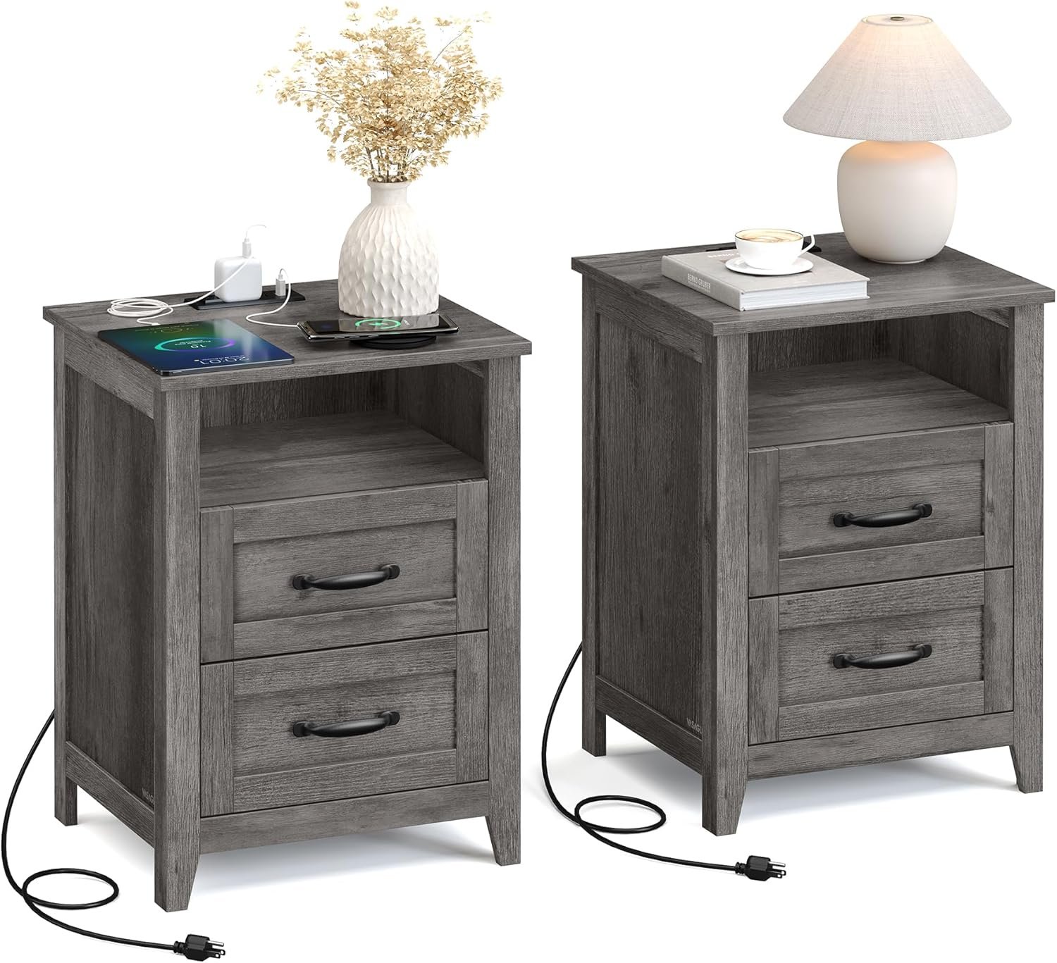 VASAGLE LIRY Collection – Farmhouse Nightstands with Charging Station, Set of 2 Bedside Tables, Side Tables with 2 Drawers, Open Compartment, for Bedroom, Misty Gray ULET869G01