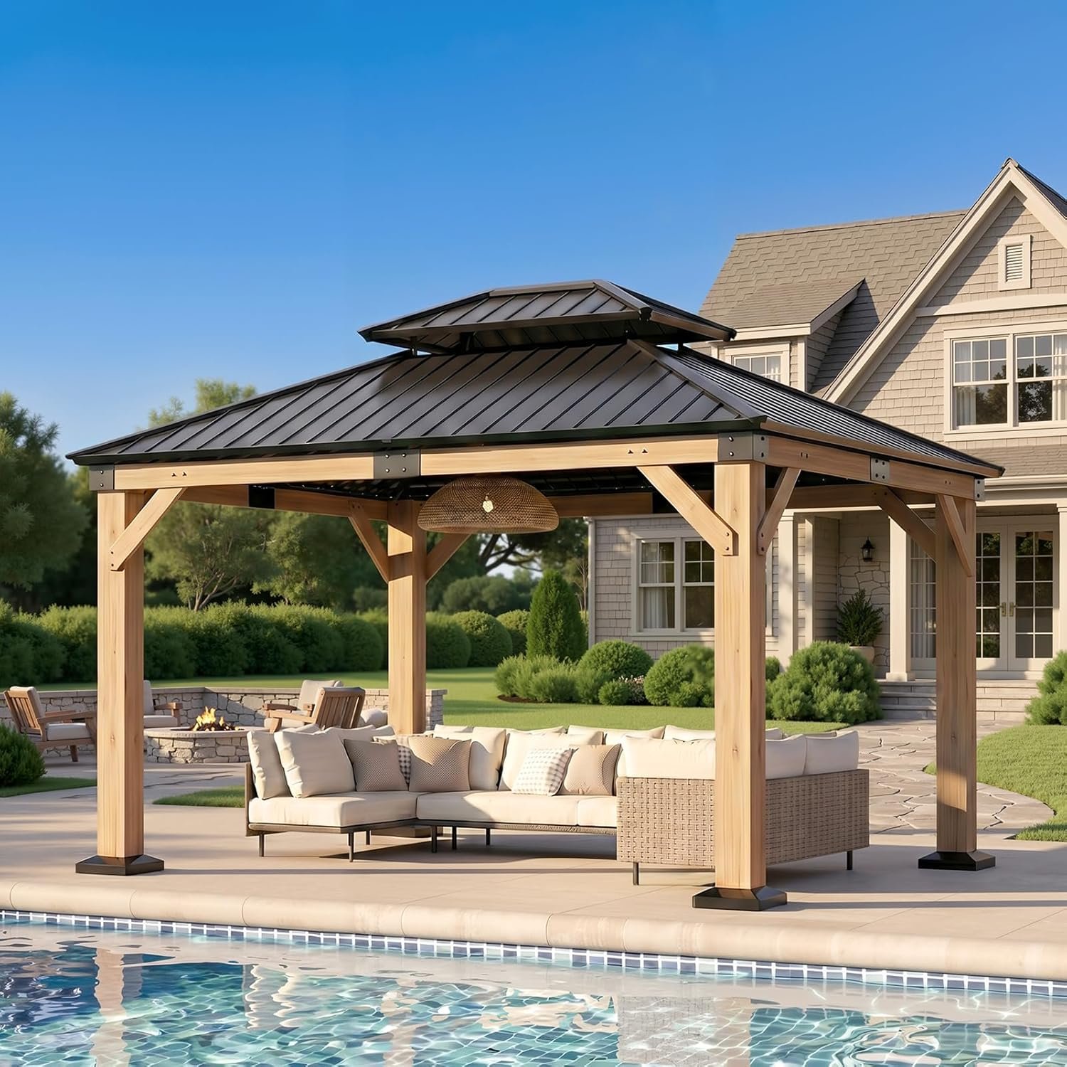 Wood Gazebo 10′ x 12′, Permanent Pavilion with Hardtop Galvanized Steel Double Roof, Cedar Gazebo with 4.72″ Thickened Wooden Posts for Poolside, Patio, Backyard, Garden and Deck