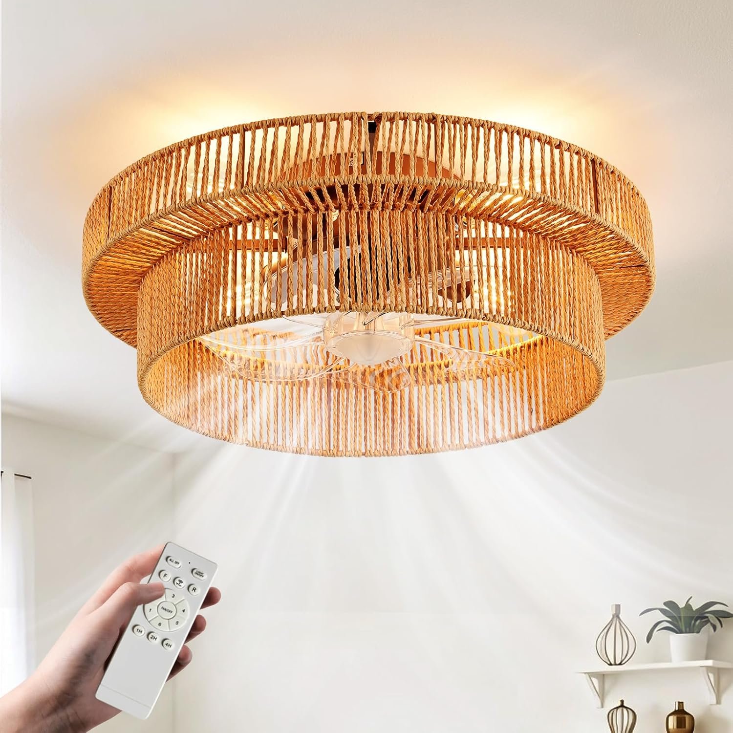 Depuley Boho Ceiling Fan with Light: 20 Inch Double Layer Textured Rope Flush Mount Fandelier with Remote and Timer – Caged Ceiling Fan with 6 Speeds – Indoor Quiet Fan for Bedroom and Living Room