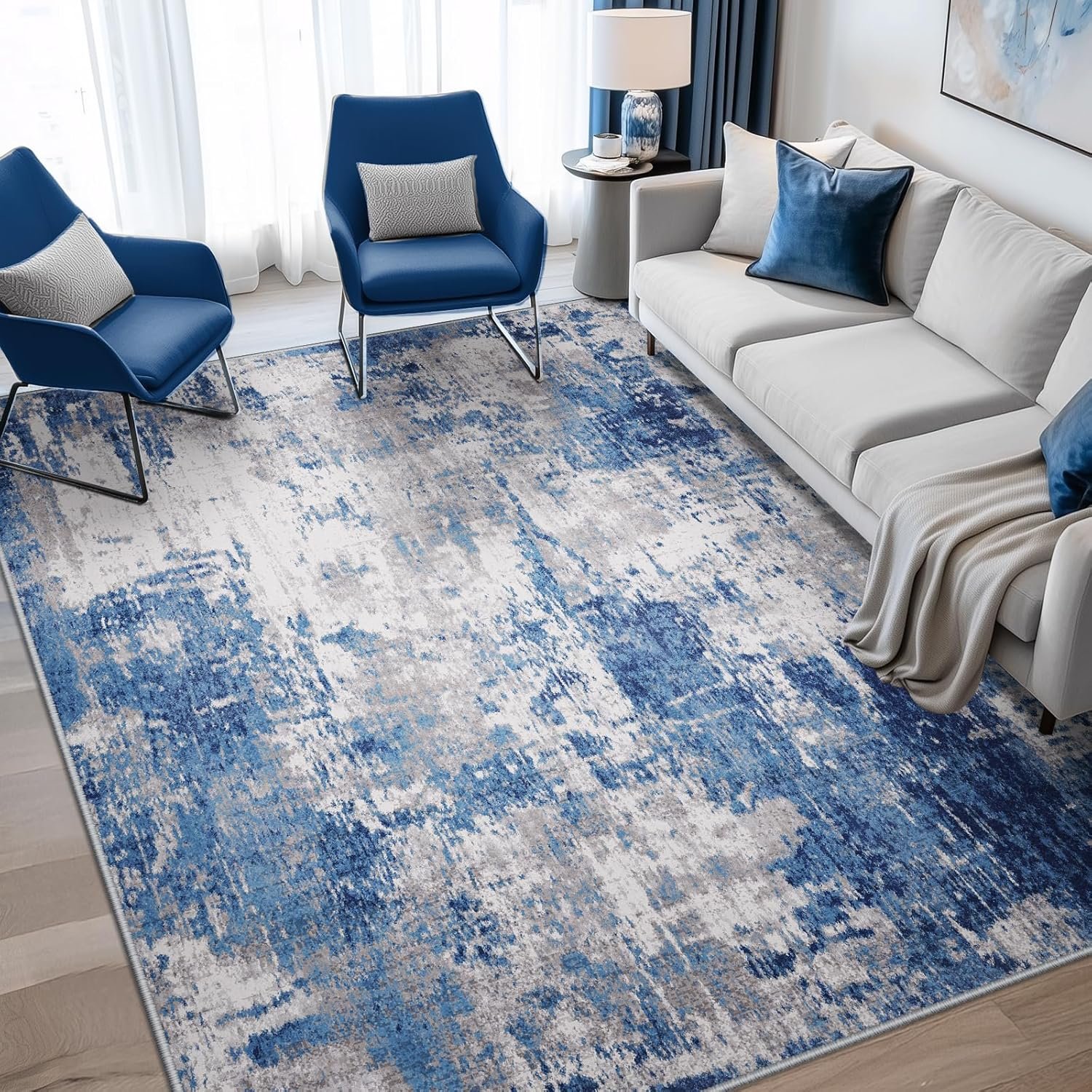 RELEANY Washable Area Rugs 5’x7′ Non-Slip Modern Abstract Soft for Living Room Entryway Bedroom Kitchen, Print Pattern, Blue Grey Navy Gray