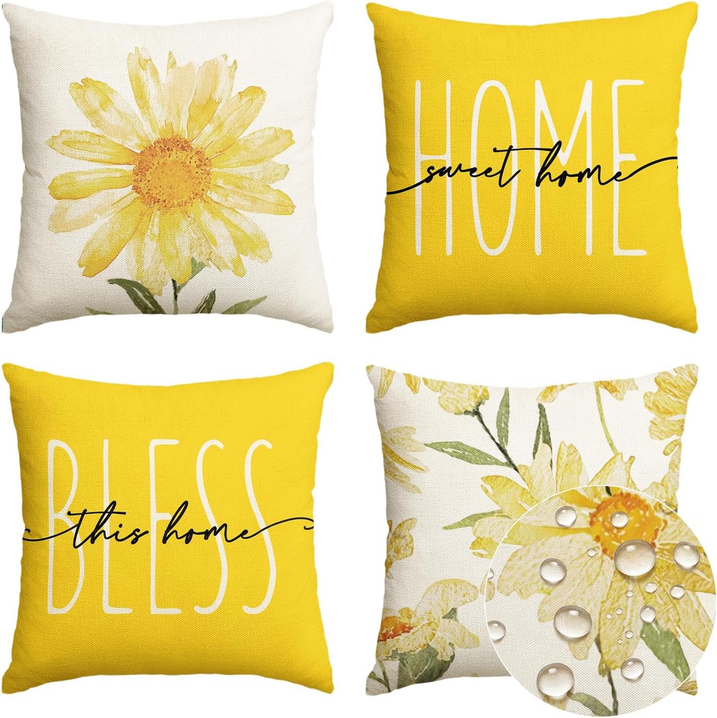 AVOIN colorlife Spring Summer Flowers Outdoor Waterproof Throw Pillow Covers, 18 x 18 Inch Home Sweet Home Holiday Seasonal Decorative Cushion Cases for Patio Furniture Garden Set of 4