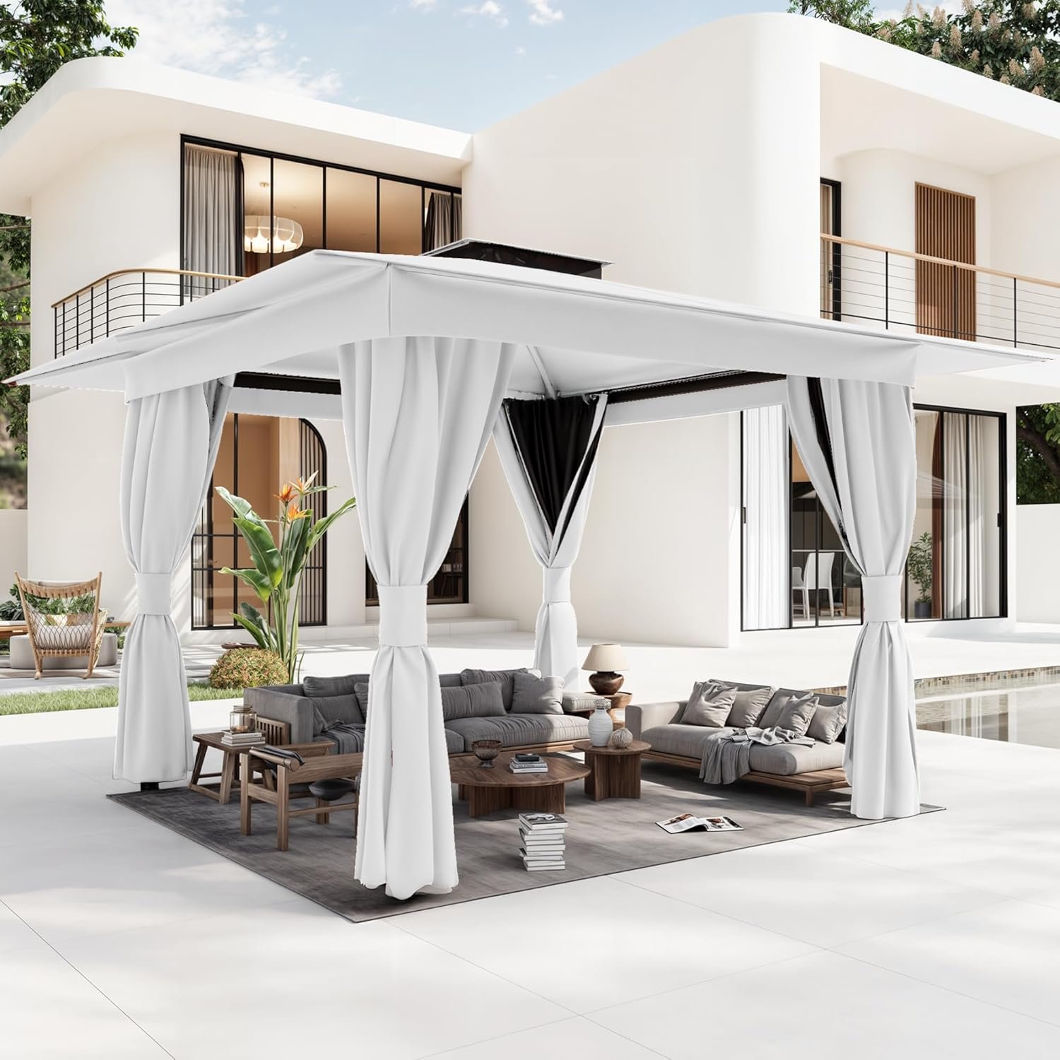 MELLCOM White 10’x10′ Outdoor Gazebo for Patio, Heavy Duty Party Tent with Double Roofs, Outdoor Canopy with Curtains and Nettings for Deck, Lawn and Backyard