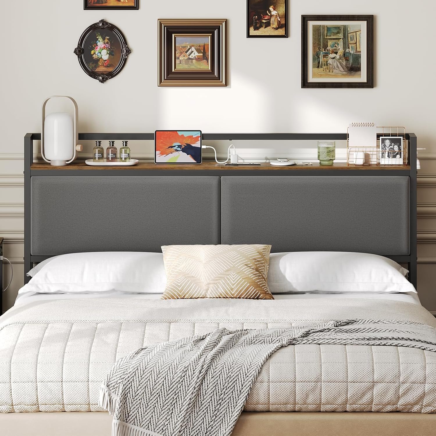 YATINEY Queen Size Headboard Only with Storage Shelves, Upholstered Headboard with Charging Station, Height Adjustable, Sturdy and Stable, Vintage Style, Rustic Brown, Gray and Black