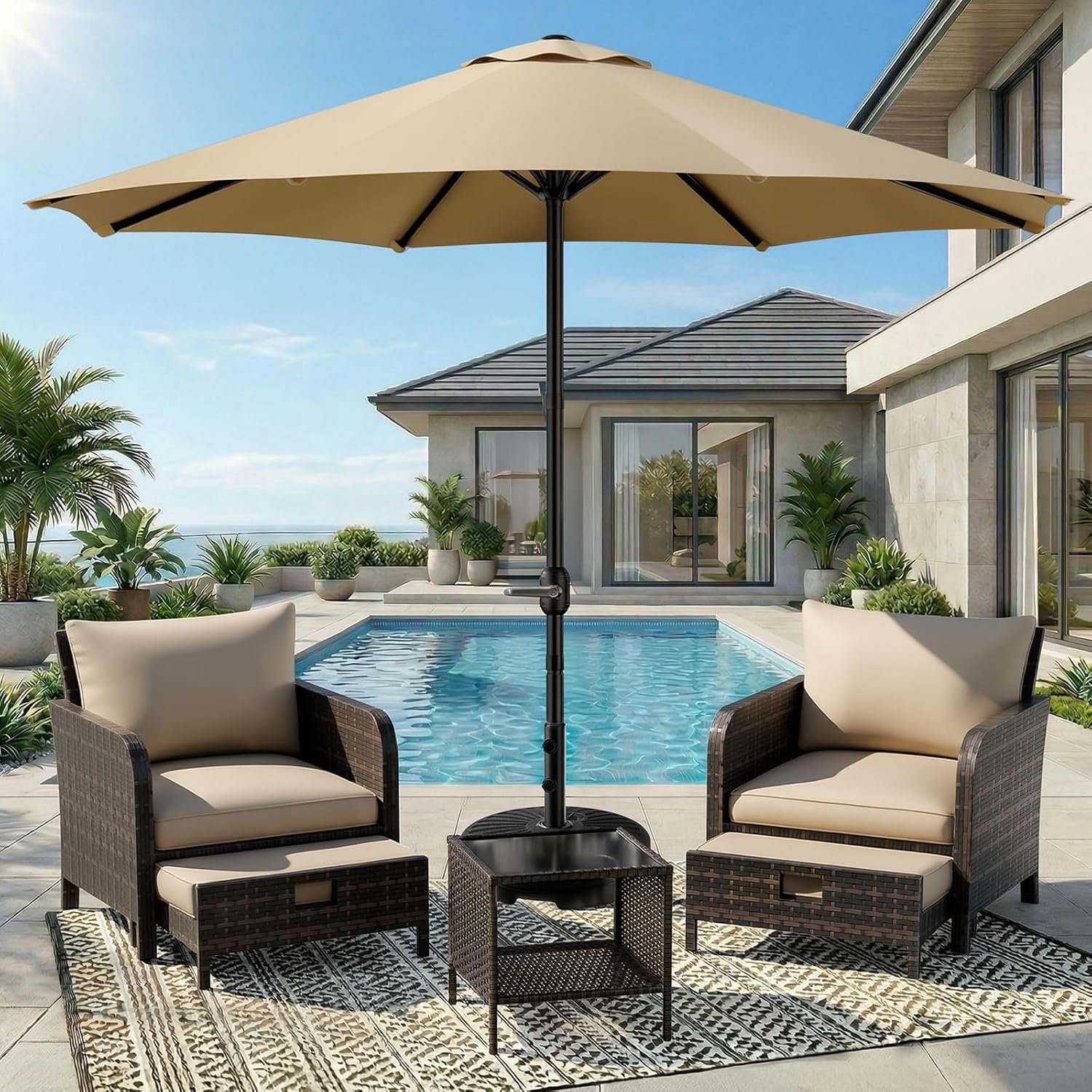 CHABATREE 9FT Outdoor Patio Umbrella with Easy Crank – UV Resistant & Waterproof Market Umbrella with Ventilated Canopy, 8 Sturdy Ribs & Powder-Coated Frame for Garden, Deck, Backyard, Pool, Patio Table
