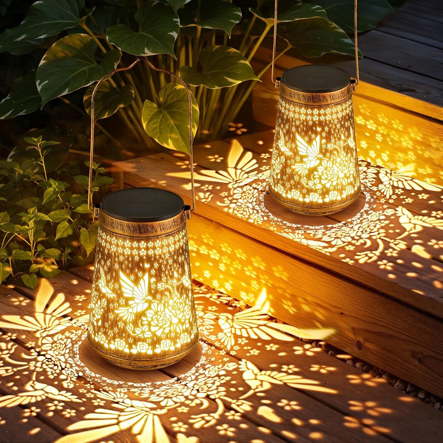 2 Pack Solar Lanterns Outdoor Waterproof Birthday Gifts for Women Mom Grandma, Hollowed-Out Metal Hummingbird Hanging Solar Lantern Lights Outdoor Decor, 2 Modes Lights Decor for Yard, Patio