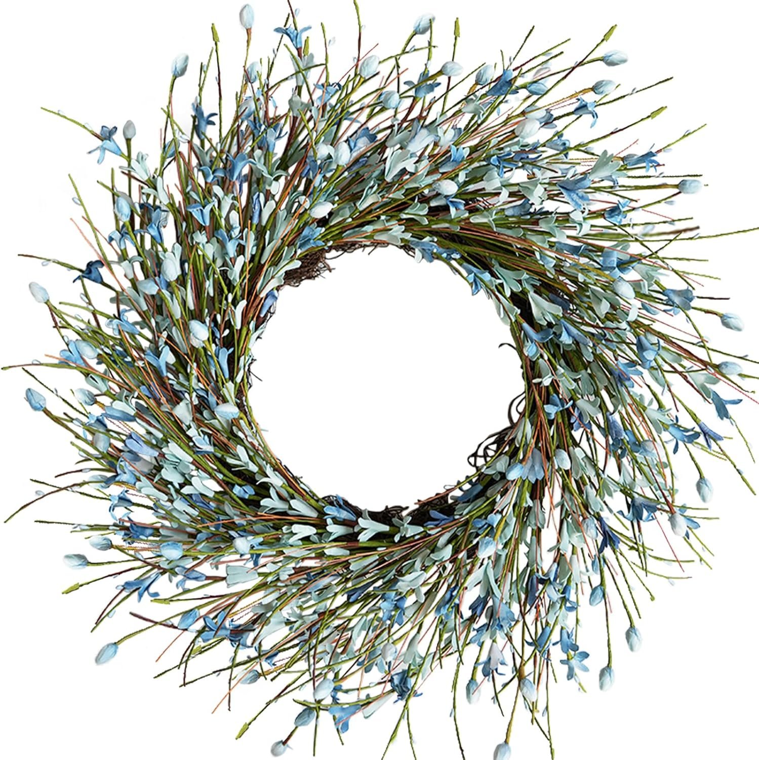 20inch Artificial Forsythia Flower Wreath, All Year Around Wreath for Front Door, Wedding Window Home Wall Indoor Front Door Decor (Blue, 20in)