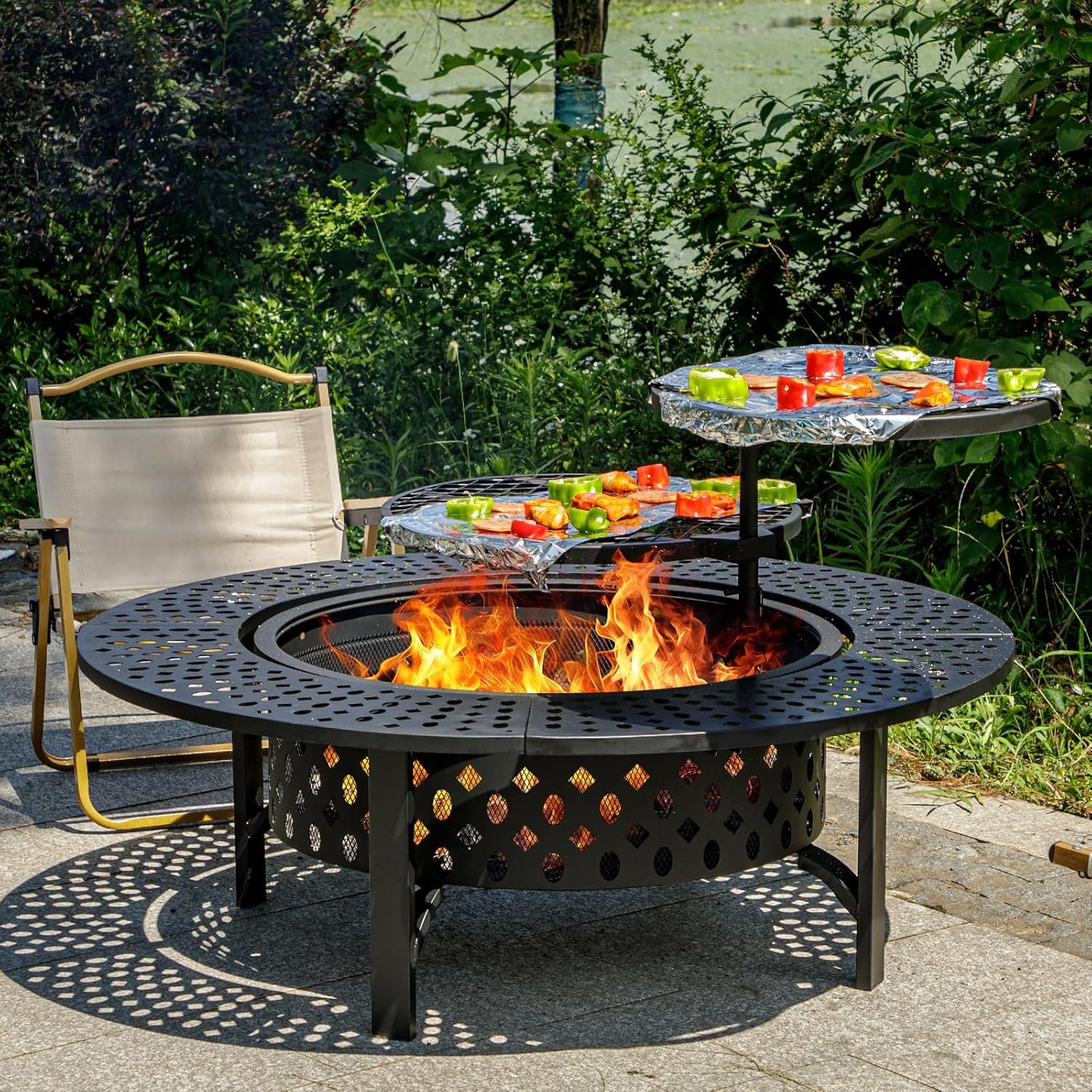 OutVue 47 Inch Fire Pit with 2 Grills, Wood Burning Fire Pits for Outside with Lid & Poker, BBQ& Outdoor Firepit & Round Metal Table 3 in 1 for Patio, Picnic, Party