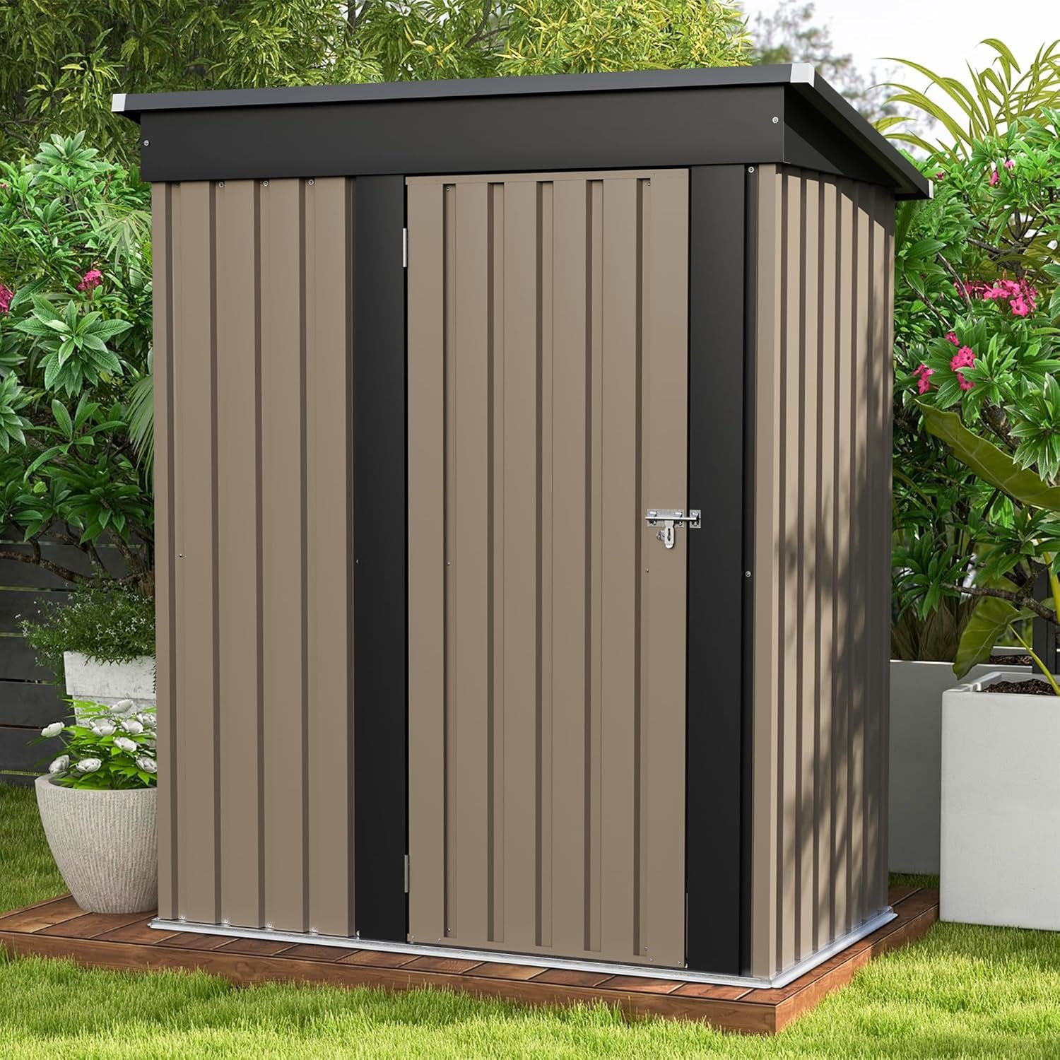 Patiowell 5×3 FT Outdoor Storage Shed, Tool Shed with Sloping Roof and Lockable Door, Metal Shed for Backyard Garden Patio Lawn, Brown