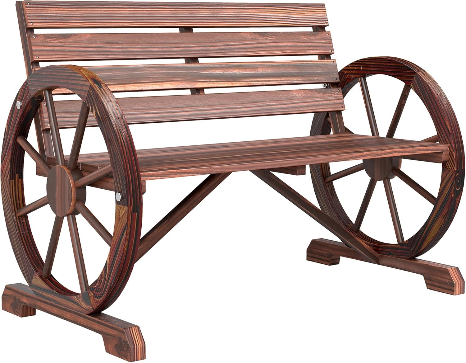 Outsunny 41″ Wooden Wagon Wheel Bench, Rustic Outdoor Patio Bench Weather Resistance Furniture, 2-Person Slatted Seat with Backrest, Carbonized