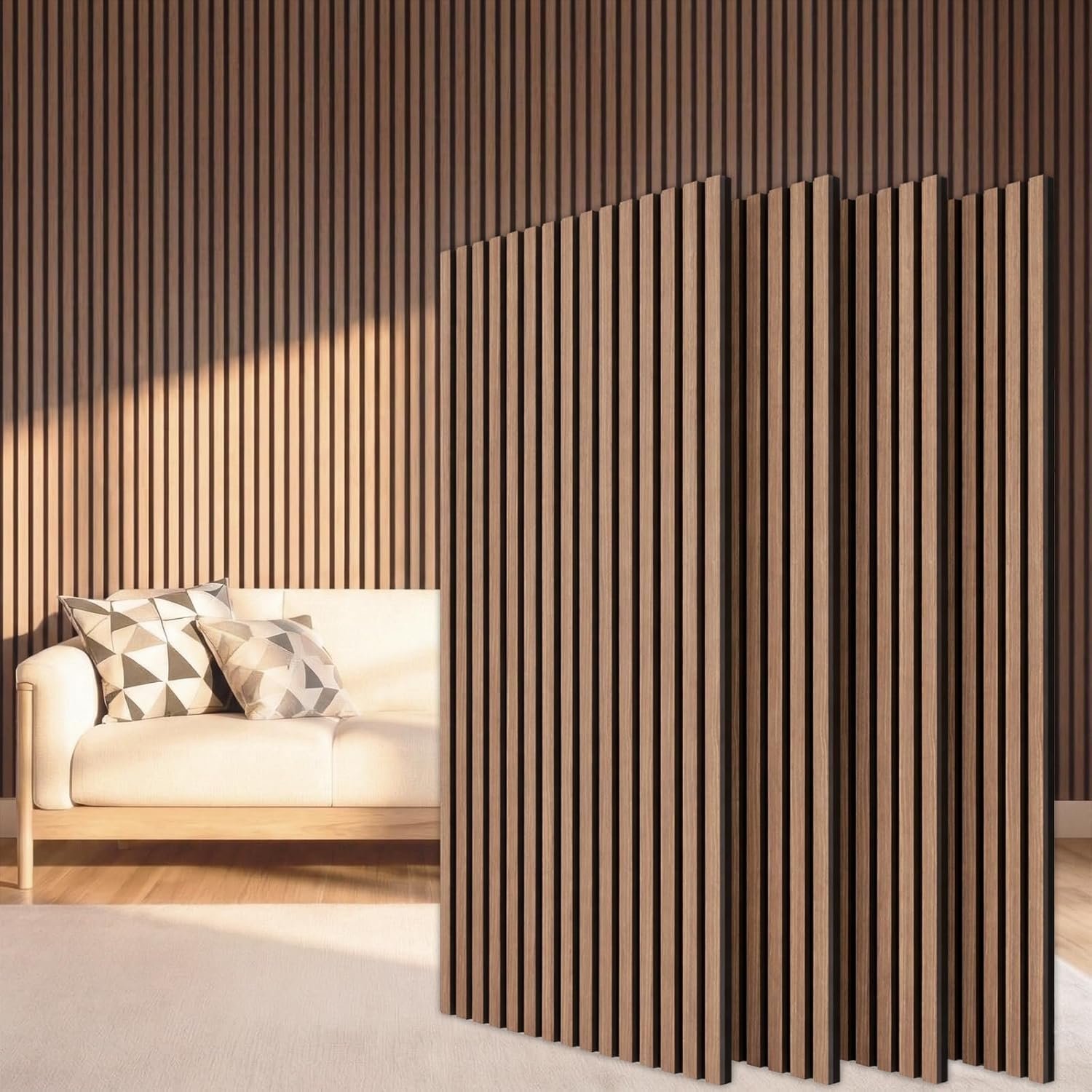 TONOR Wood Slatwall Panels, 4 Pack 47.2″ x 23.6″/ 120 x60cm(31ft²) Acoustic Wall Panels, Wood Slat Acoustic Panels for Noise Cancelling and Home Decor, Living Room, Bedroom, Office, Walnut