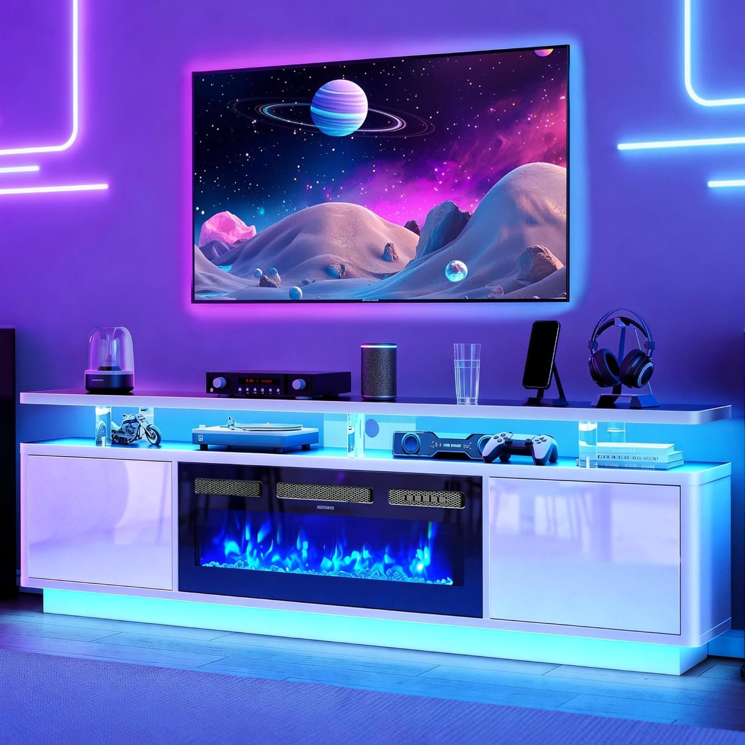 MXV 70″ Fireplace TV Stand for TVs up to 80″, Entertainment Center with 36″ Fireplace & Double LED Lights, TV Console with Storage Cabinets for Living Room, Home Office, White