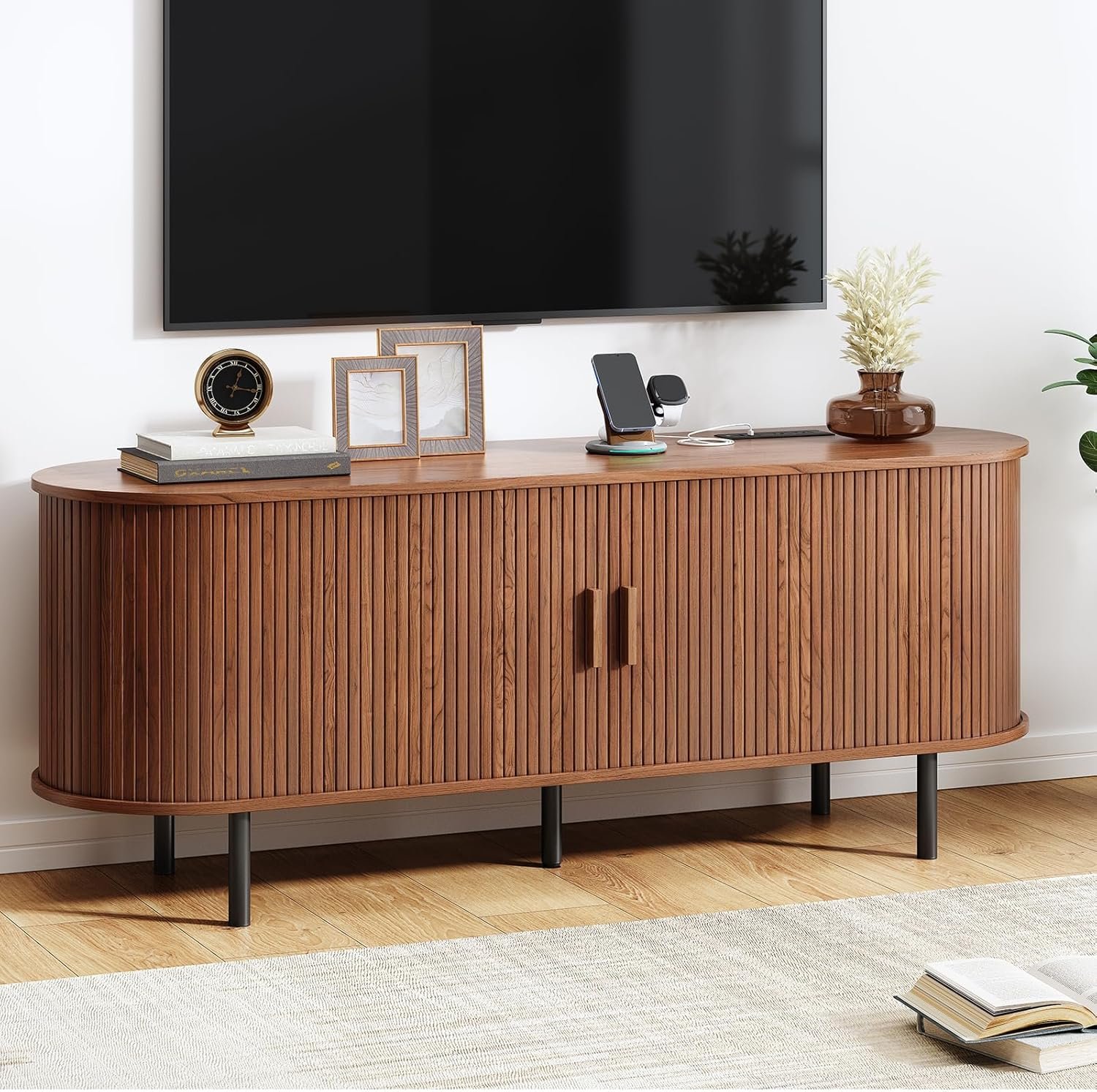 55″ TV Stand with Power Outlet, Mid-Century Modern Television Stand, Fluted Media Console with Sliding Doors, Entertainment Center for TVs up to 60 Inch, Adjustable Shelves, Walnut