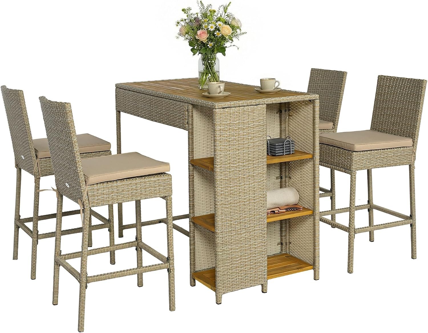 Outsunny 5 Piece Outdoor Bar Set, Wicker Outdoor High Top Table and Chairs, 3 Tier Shelves, Acacia Wood Bar Height Patio Set, 4 Barstools with Cushions, Back, Footrest for Garden, Backyard, Brown