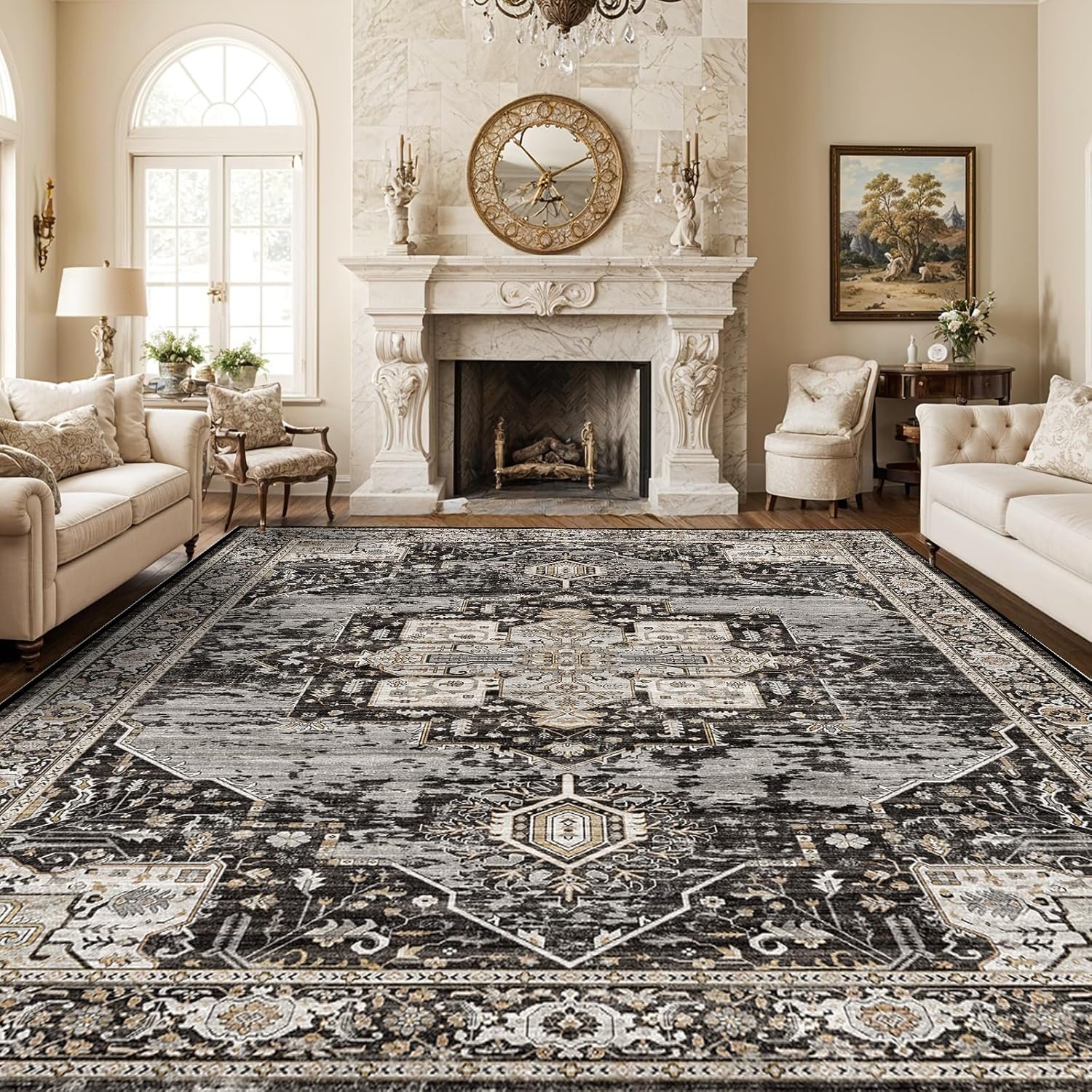 RUUGME Washable 10×14 Area Rug – Soft Area Rugs for Living Room Stain Resistant Carpet Vintage Lightweight Rugs for Bedroom with Non Slip Backing Indoor Ultra-Thin Rugs Home Decor 10×14 Black