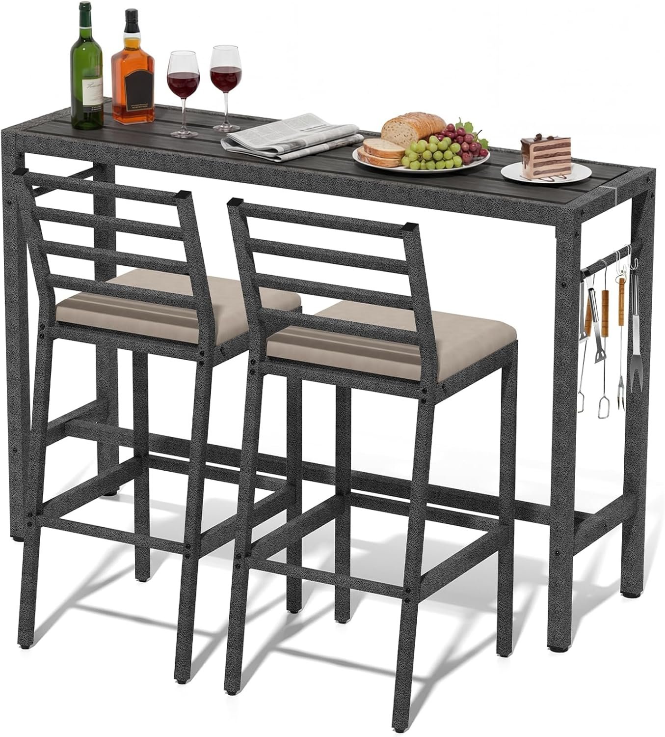 3Pcs Outdoor Patio Bar Set, 55″ Rectangular High Top Table and Chairs Set with 2 Cushioned Bar Stools & Cover,Metal Pub Height Bistro Table Set for Balcony, Backyard, Porch, Deck,Garden, Pool