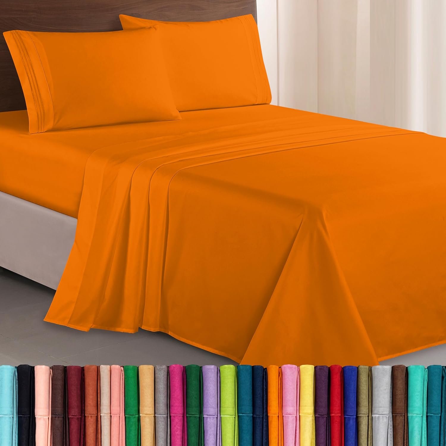 Elegant Comfort Luxurious 1500 Premium Hotel Quality Microfiber Three Line Embroidered Softest 4-Piece Bed Sheet Set, Wrinkle and Fade Resistant, Queen, Orange