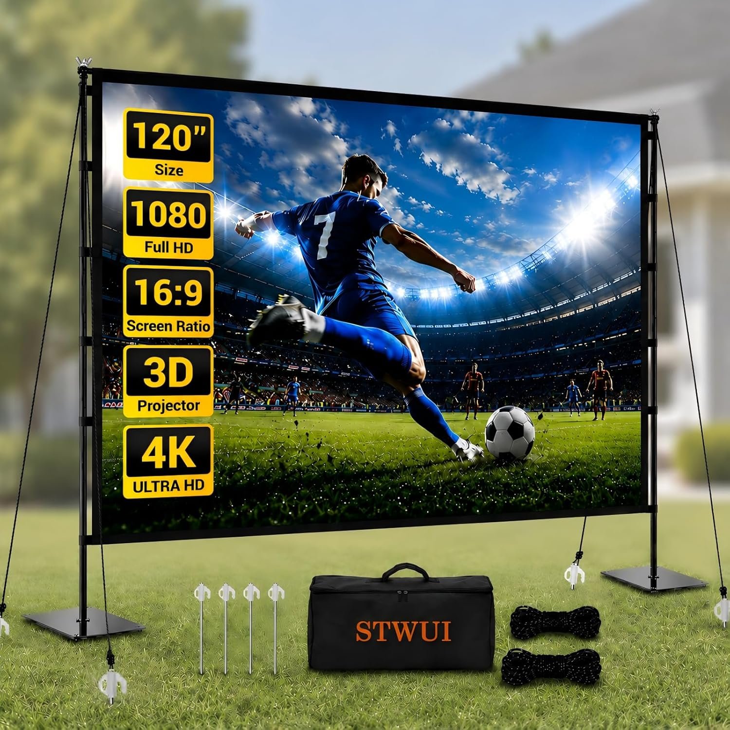 STWUI Outdoor Projector Screen with Stand – 120 Inch Portable Projector Screen Indoor and Outdoor Projector Screens 16:9 4K HD Wrinkle Free Lightweight Movie Screen with Carry Bag,Enioy Movie Nights