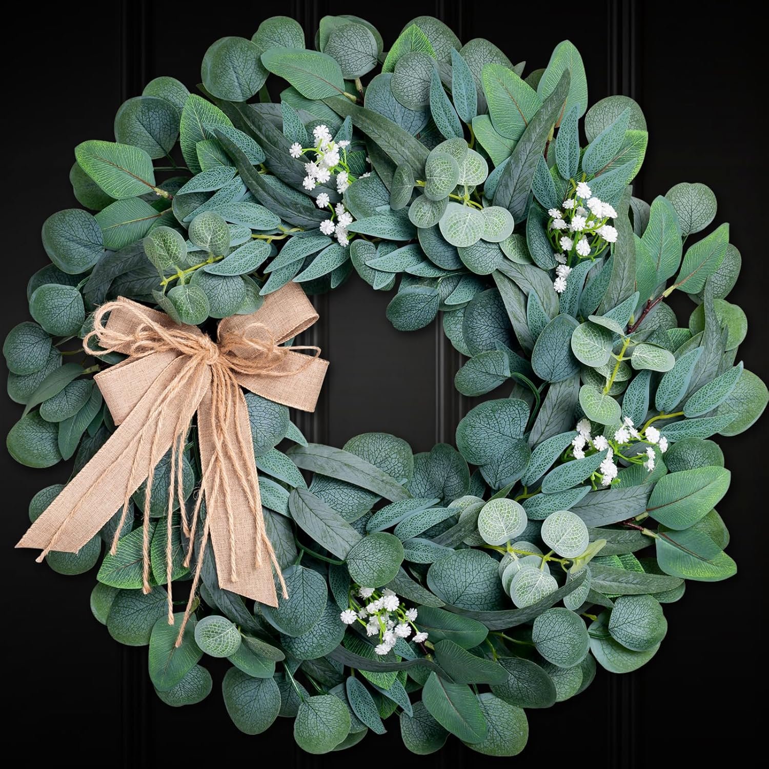 20 Inch Eucalyptus Wreath for Front Door All Season, Spring Summer Silk Greenery Wreath with Burlap Bow, Modern Farmhouse Everyday Home Decor for Wall Window Porch