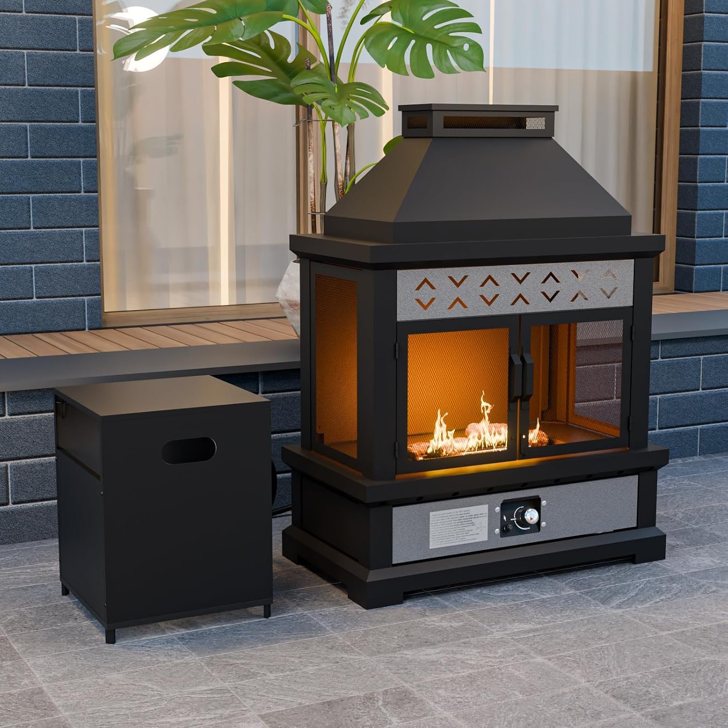 COOS BAY Outdoor Propane Fire Pit, 50,000 BTU Smokeless Gas Fireplace with Mesh Doors, Tank Storage & Adjustable Flame for Patio, Deck, Backyard, Black/Gray
