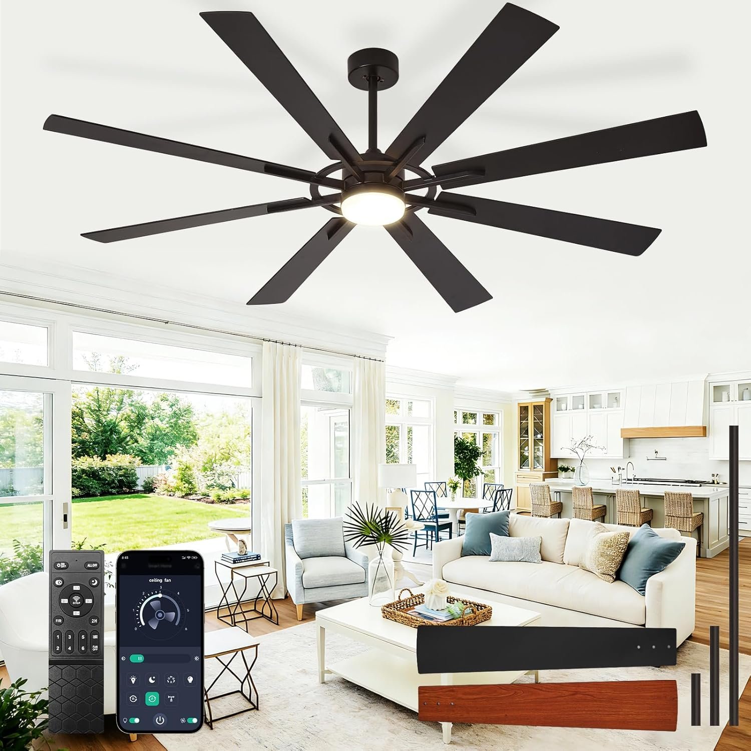 Large Ceiling Fans with Lights: Modern 72 Inch 8 Blade Outdoor Ceiling Fan with Remote APP Control – Dimmable Black Big Fan Light Indoor Reversible 6 Speed Quiet DC Motor
