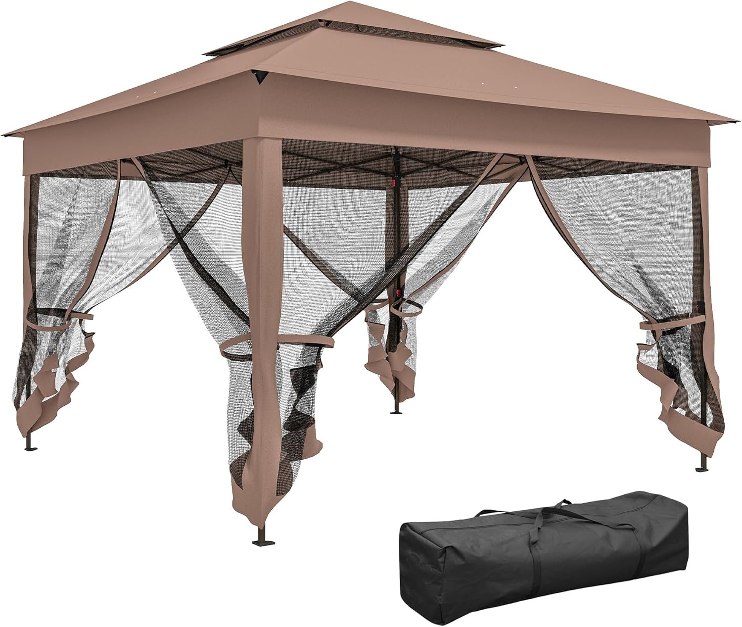 Outsunny 11′ x 11′ Pop Up Canopy, Outdoor Patio Gazebo Shelter with Removable Zipper Netting, Instant Event Tent w/ 114 Square Feet of Shade and Carry Bag for Backyard, Garden, Brown