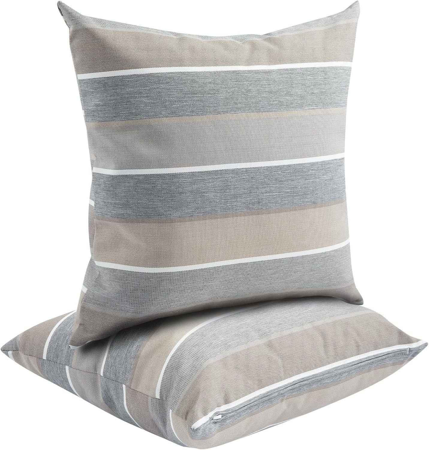 FUNHOME Outdoor Throw Pillows Water Resistant 18×18 inch,Decorative Throw Pillow with Insert Set of 2,Hidden Zipper Headrests for Patio Furniture Sofa Couch Chair(Gray Stripe)