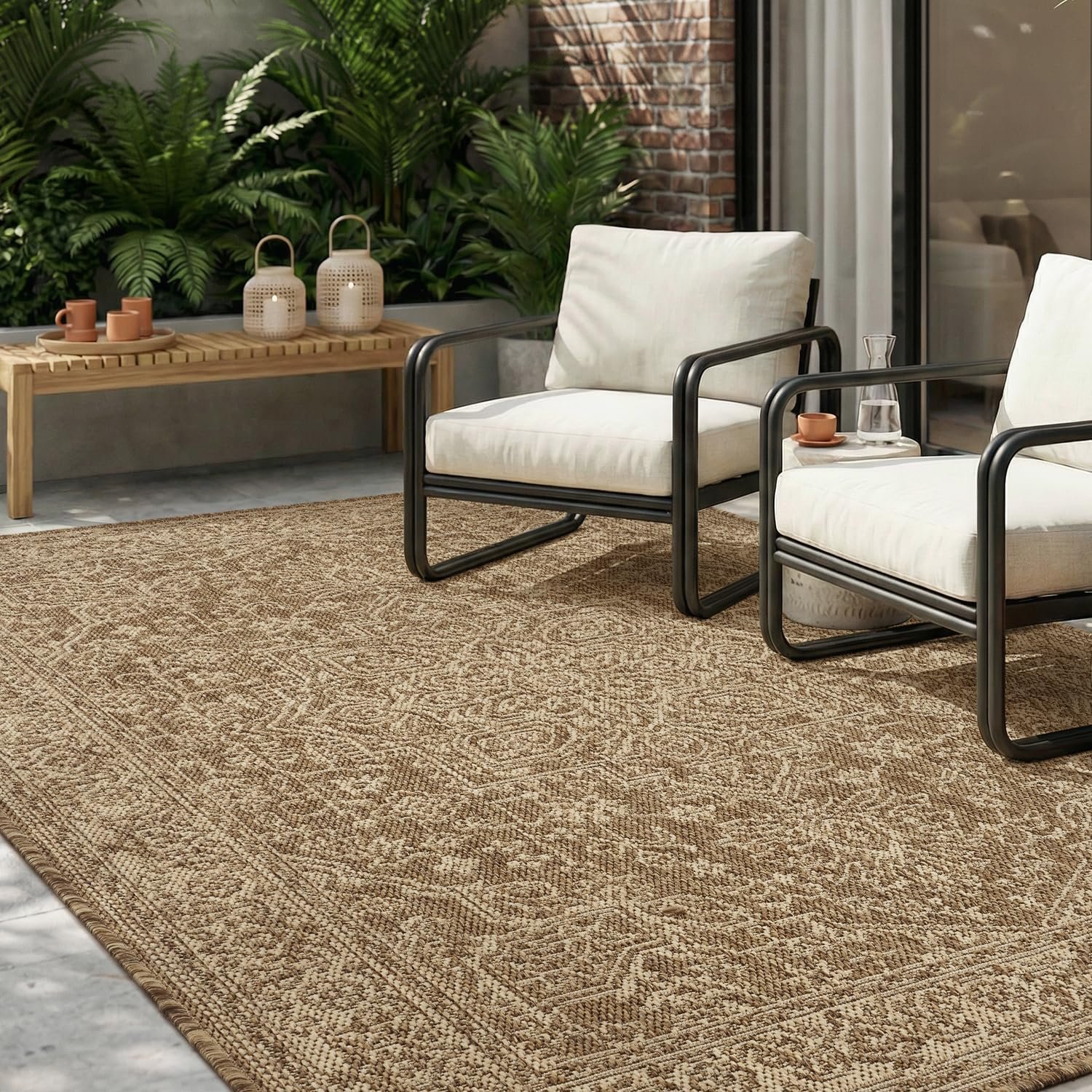 MontVoo-Outdoor Rug-Patio Rug 5×7 ft Polypropylene Indoor Outdoor Rugs Carpet for Patio Deck Balcony Porch, Textured Weave, Durable for High Traffic, Fade-Resistant, Vintage Medallion Neutral Brown