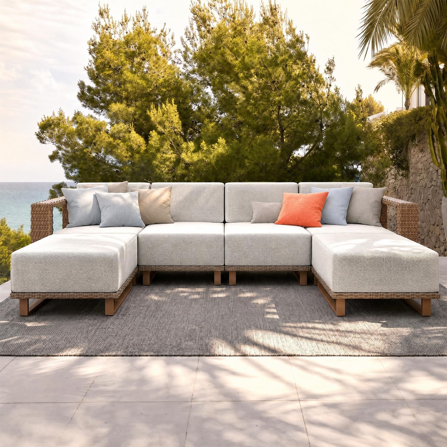 MIXPATIO Patio Sectional Furniture Set, 6 Piece Outdoor Wicker Sofa Couch Set, Yellow Rattan Modular Outdoor Conversation Sets with 10″ Extra Thick Cushions, Low Profile Lawn Deck Garden Furniture