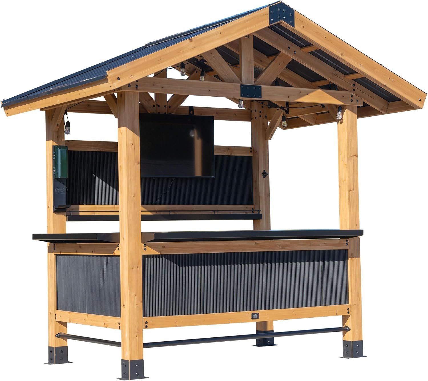 Backyard Discovery Palisade 9′ x 6′ Cedar Wood Outdoor Bar Set with Galvanized Steel Roof, Bar Top, Shelving, Snow Load Support, Wind Resistance, PowerPort for Patio, Deck, Entertaining