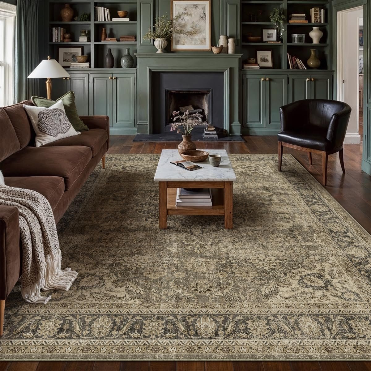 8×10 Washable Area Rug Brown Vintage Non Slip Soft Low Pile Rug for Living Room Bedroom Dining Room Office Distressed Oriental Indoor Large Throw Carpet for Home Decor