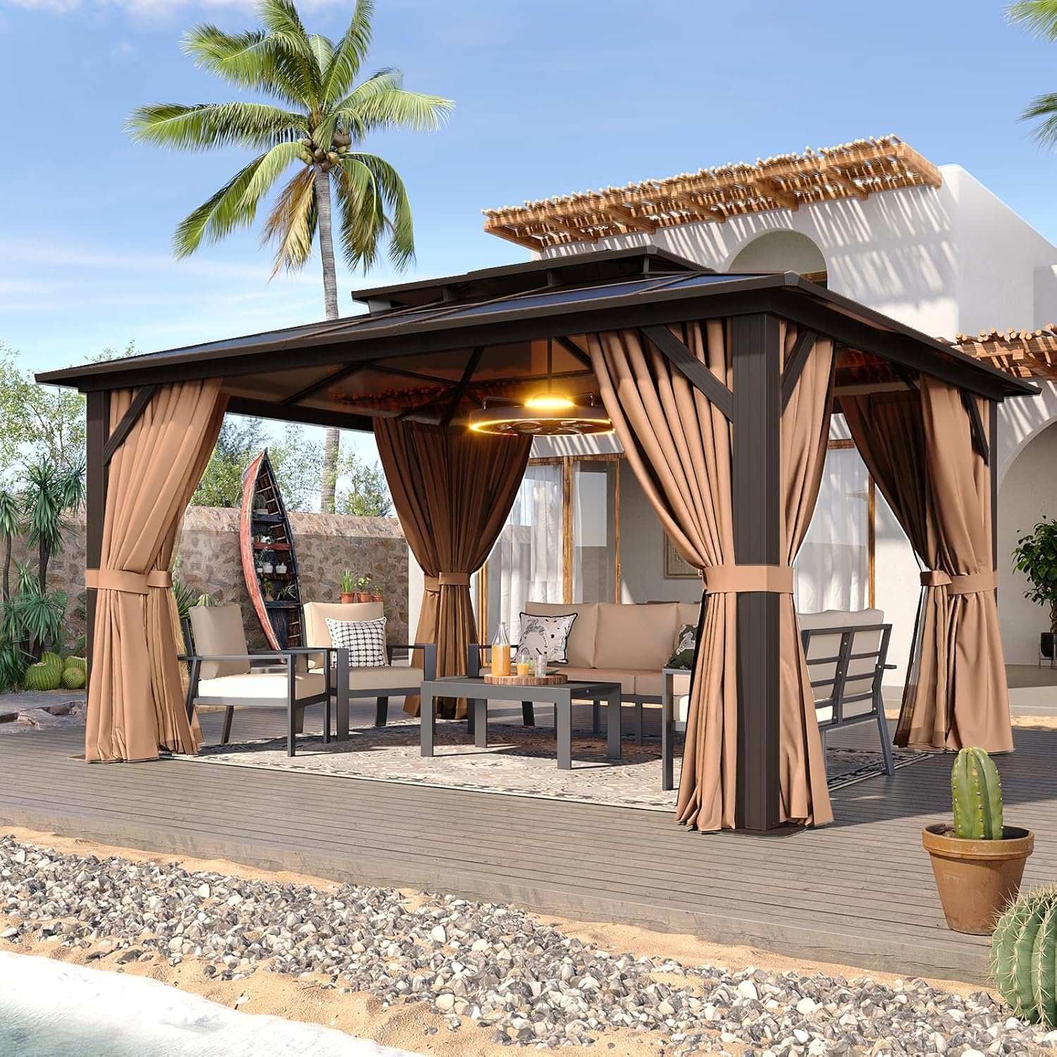 Aoxun 12’x10′ Hardtop Gazebo, Aluminum Frame Permanent Pavilion with Curtains and Netting, Outdoor Polycarbonate Double Roof Canopy, Designed for Garden, Lawns, Patio, Brown
