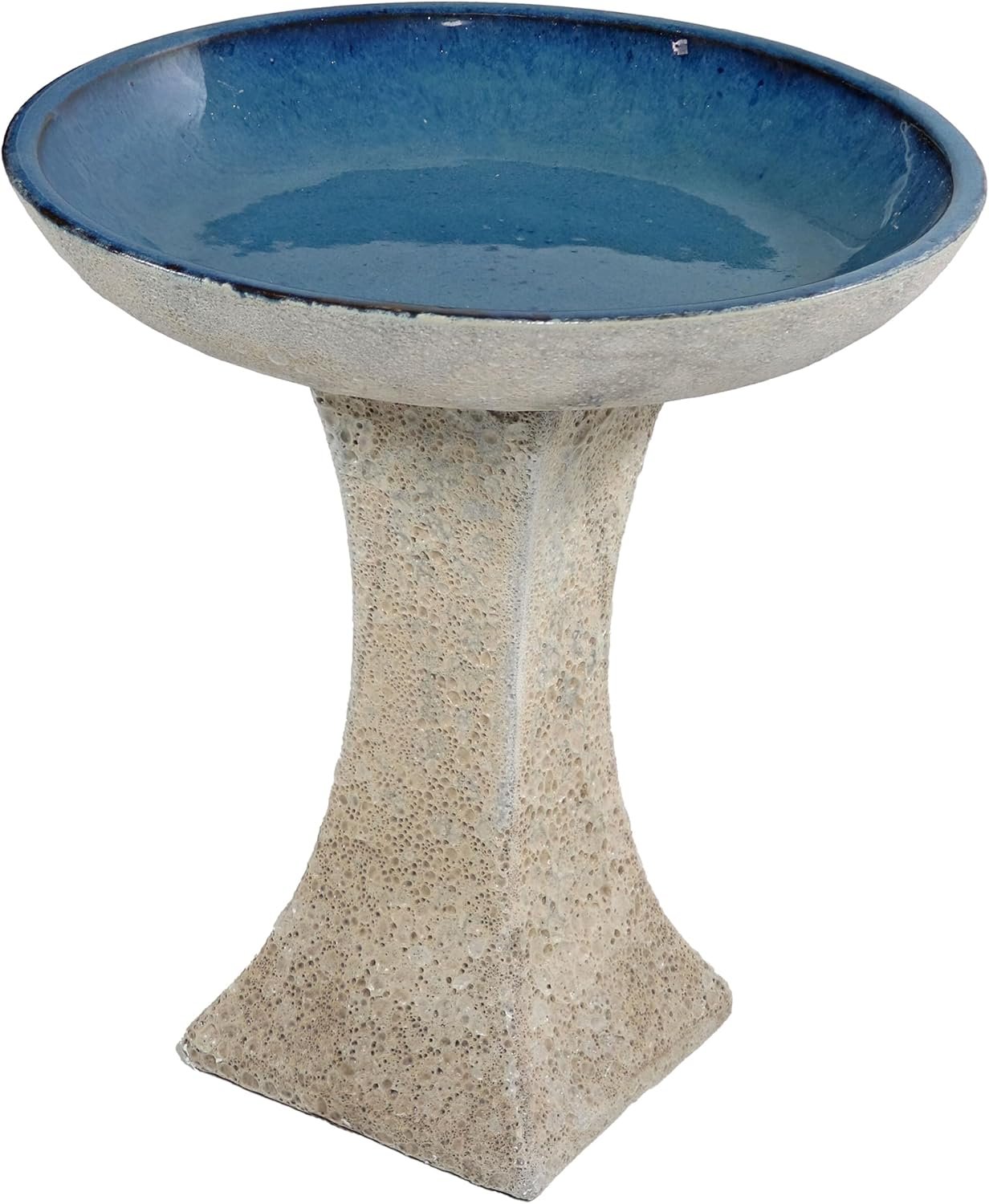 Sunnydaze Ceramic Bird Bath for Outside – 16″ H – UV- and Frost-Resistant – Pedestal Bird Bath – Blue Glazed Bowl – White Lava Finish