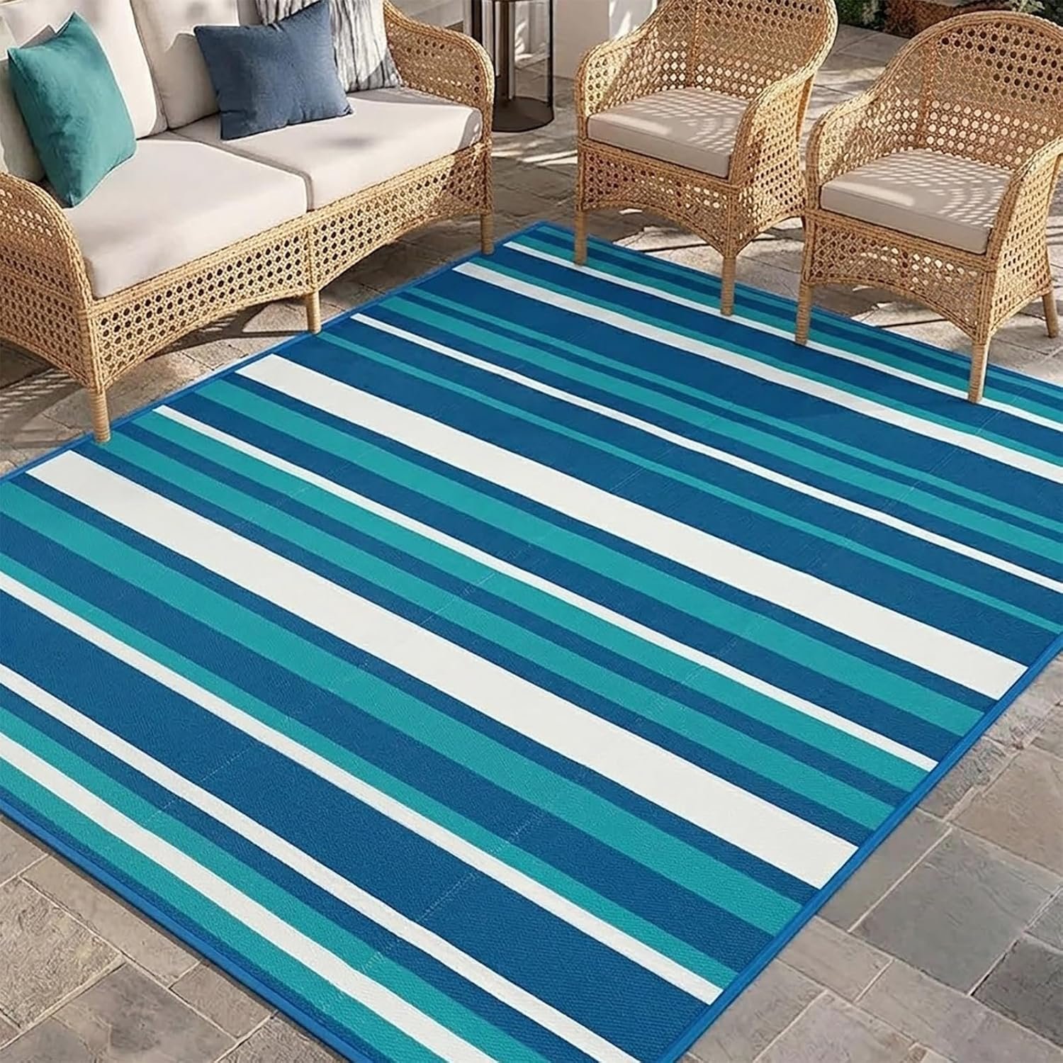 Outdoor Patio Rug Camping Essentials – 4×6 FT Outdoor Plastic Straw Rug for Patio Clearance, Waterproof RV Essentials Outside Area Rugs for Deck Garden, Backyard Patio Furniture Set, Blue