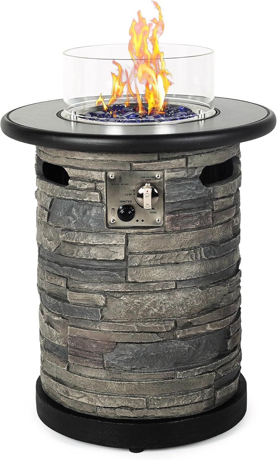 BAIDE HOME Outdoor Propane Fire Pit Table, Round Porcelain Tile Top 22″ Fire Bowl Column W/ 40,000 BTU Firepit Table Auto-Ignition 400D Cover Glass Rocks for Outside Patio