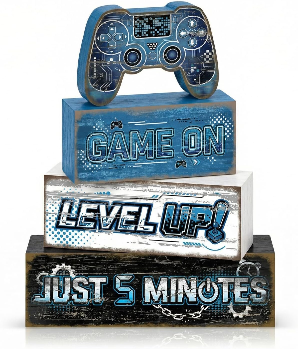 4 Pcs Gamer Room Decor for Boys Video Game Table Wooden Signs Cool Gamer Tiered Tray Decor Game On Bedroom Table Top Gaming Accessories Shelf Sitter Man Teen Home Decor Gift