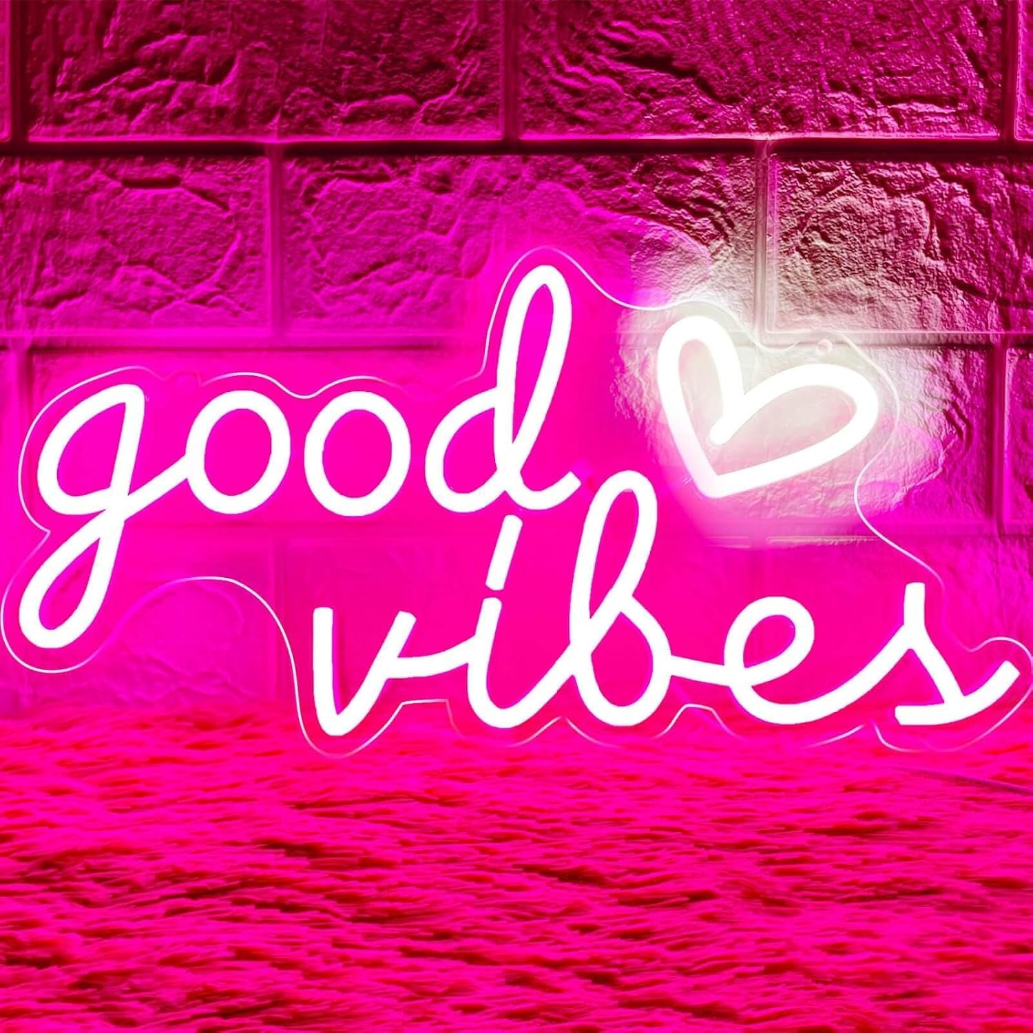 HOHOSIGN Good Vibes Neon Sign for Wall Decor Neon Lights Sign, 16″x8″ Heart and Good Vibes LED Signs for Bedroom Wall, USB Operated Pink Goodvibes LED Neon Lights Signs for Game Room Christmas Decor
