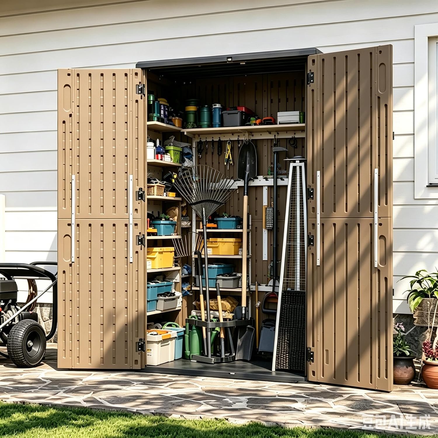 Aoxun 64 Cu.Ft Resin Outdoor Storage Shed with Floor, Large Outdoor Storage Cabinet, Vertical Storage Sheds with Floor, Waterproof Storage Cabinet for Garage Shed, Garden Tools, Pool Equipment, Brown