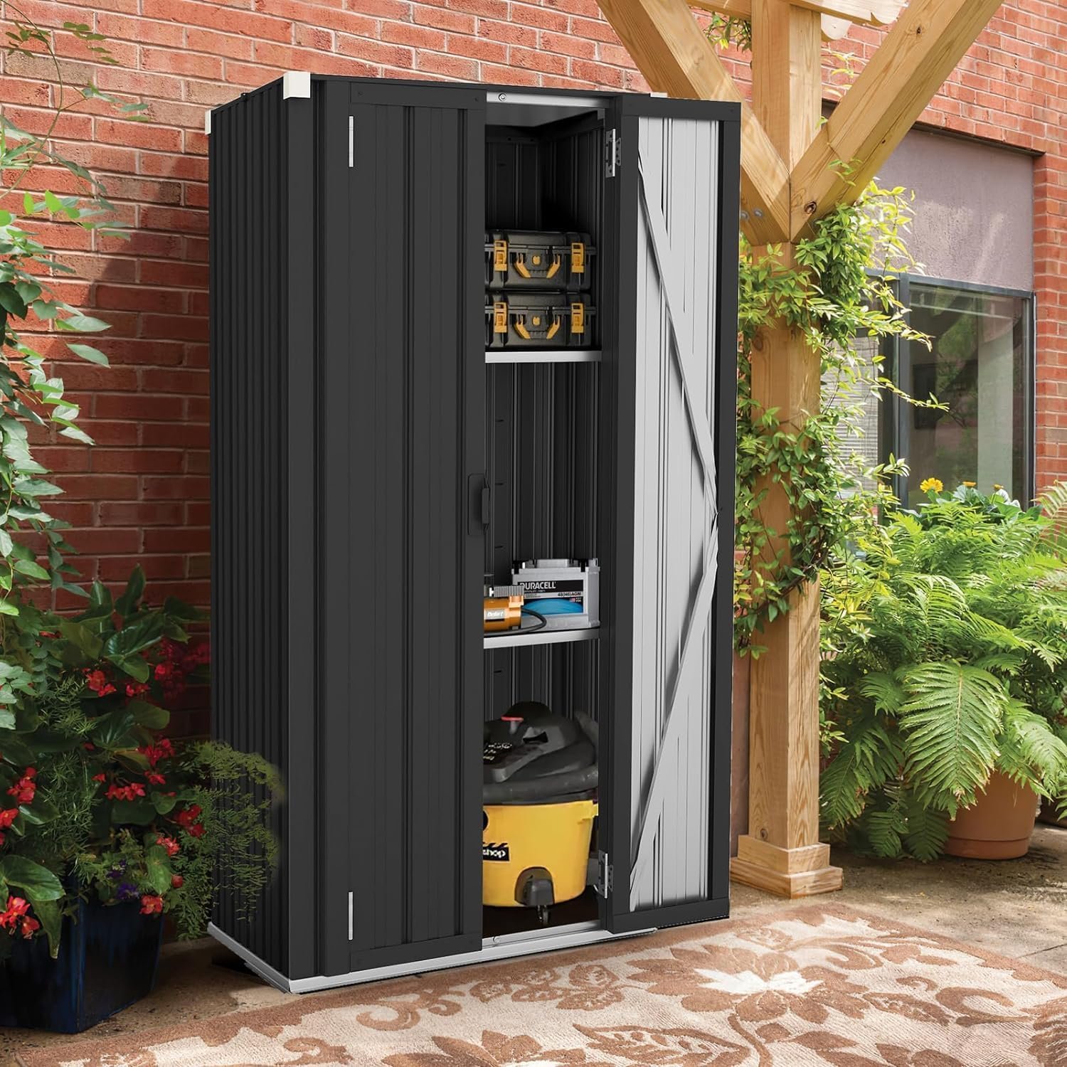 AECOJOY Outdoor Storage Cabinet Waterproof, Vertical Tall Outdoor Storage Cabinet with Shelves, Garden Sheds & Outdoor Storage Clearance Cabinet Weatherproof for Outside or Indoor in Dark Grey