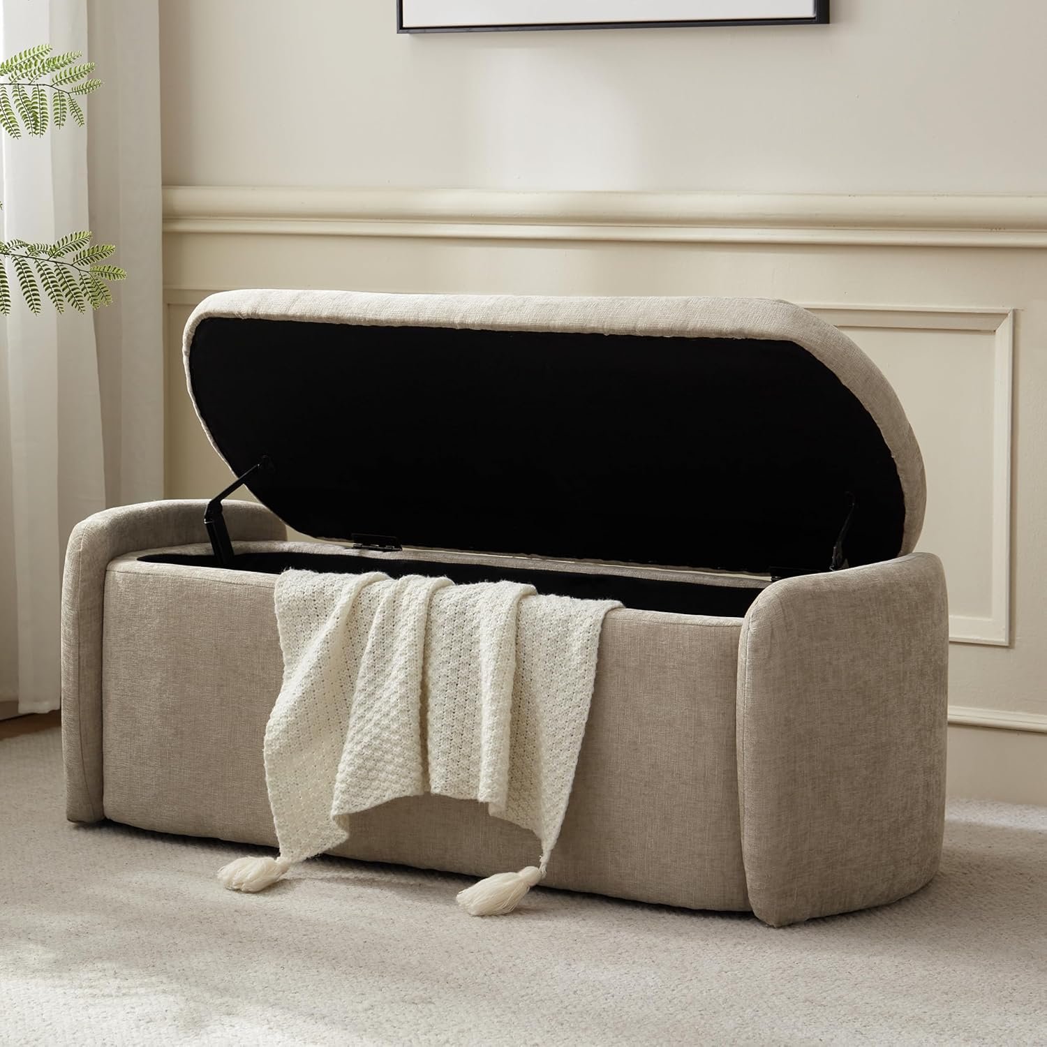 VKNOW 46″ Oval Storage Ottoman Bench, Upholstered End of Bed Bench Ottomans Bench Foot Rest, Sherpa Storage Bench for Bedroom, Living Room and Hallway, Light Brown