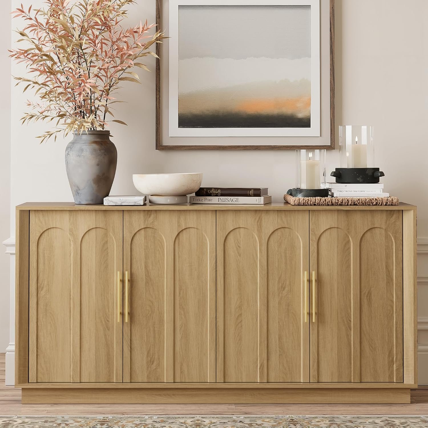 FORTUNETEC Sideboard Buffet Cabinet with Storage, Modern Accent Cabinet with Arched Doors, Boho Modular Media Console, 67″ Large Minimalist Credenza for Living Room Kitchen Dining Room Entryway, Oak