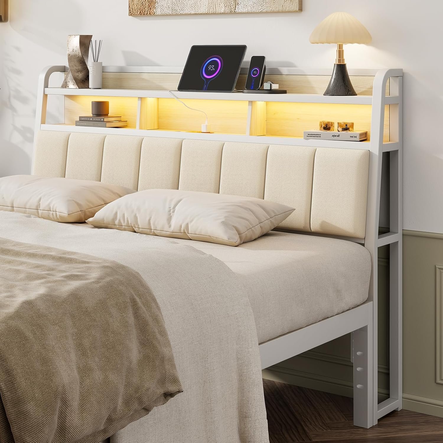 Queen Headboard Only with Storage, Upholstered Headboards for Queen Size Bed with LED Light, Charging Station, Height Adjustable, Sturdy and Stable Headboard, Off White
