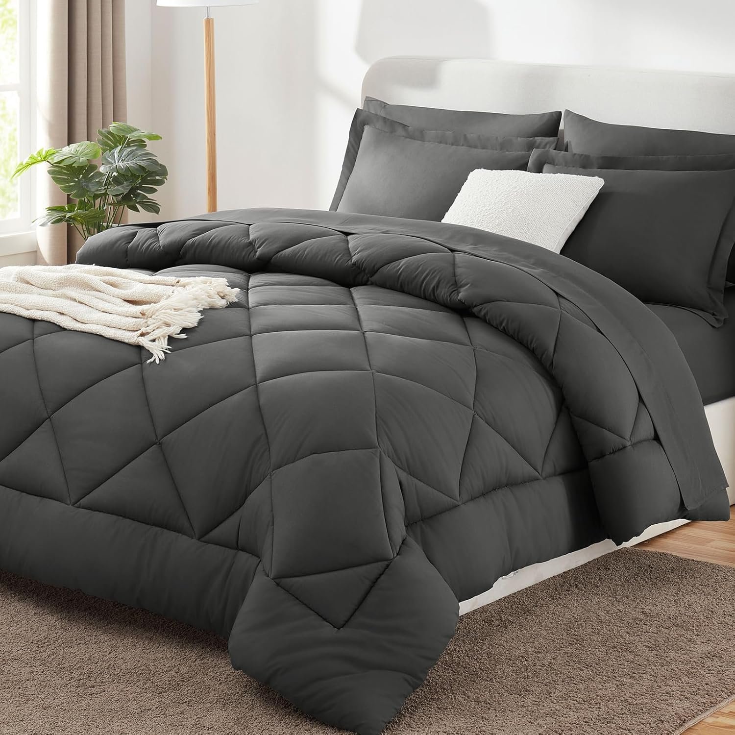 CozyLux King Size Comforter Set Dark Grey – 7 Pieces Bed in a Bag King, Luxury Soft Bed Set for All Seasons, Bedding Set with Down Alternative Comforter, Sheets, Pillowcases & Shams