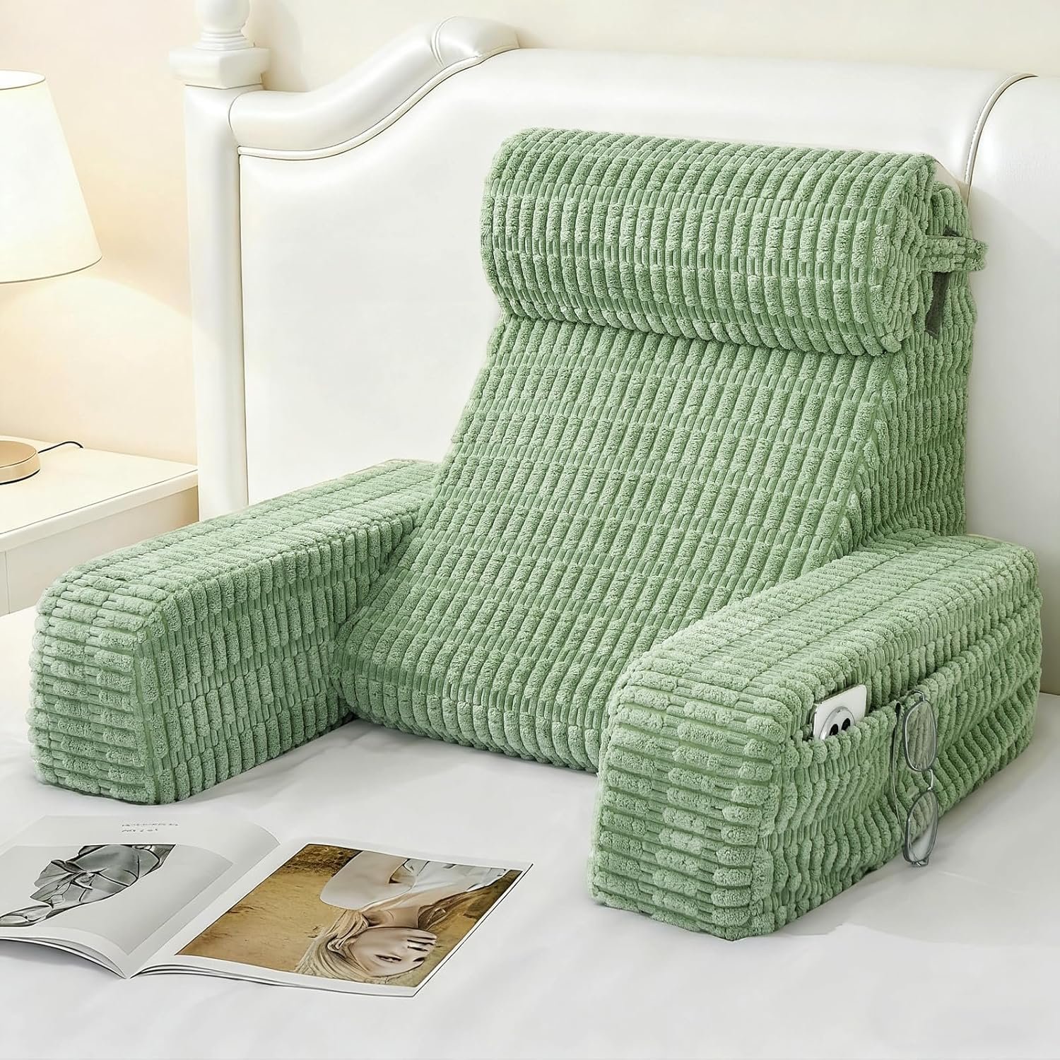 19″ Reading Pillow for Bed with Built-in Arms & Large Pockets, Supportive Backrest Cushion for Reading, Resting, or Reclining, Washable Cover – Sage Green