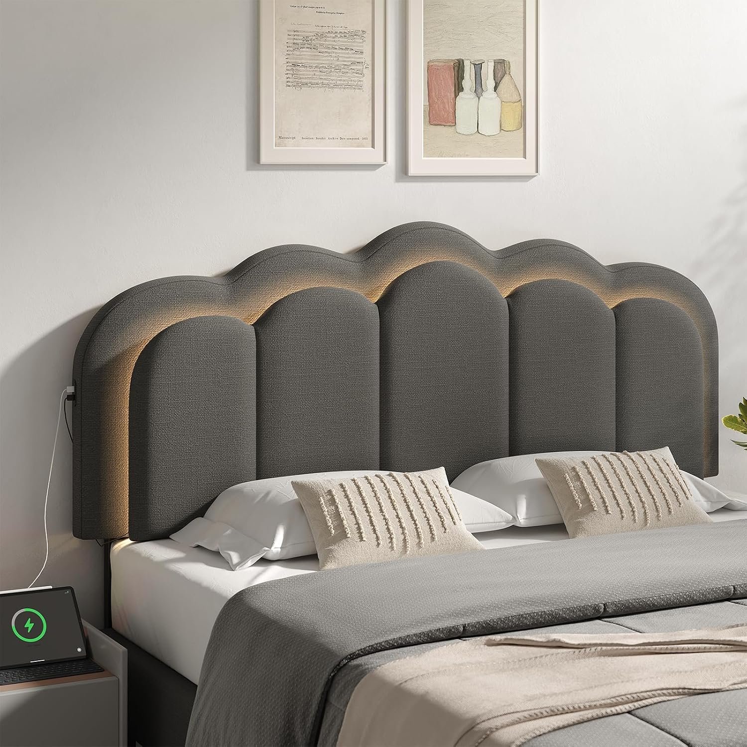 ONBRILL Upholstered Headboard Full/Queen Size with USB & Type C Port, Linen Double Wavy Headboard with RGB LED Light, Adjustable Height from 44.4″ to 53.1″, Attach Frame, Easy Assembly, Grey