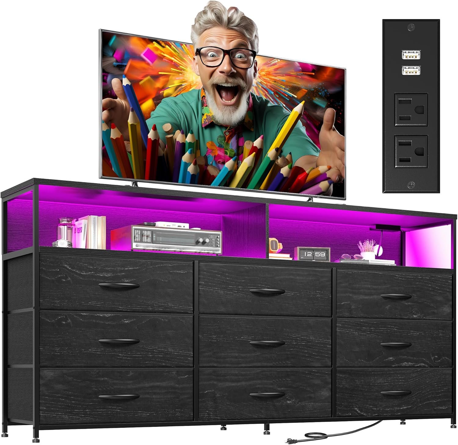 55″W Dresser for Bedroom with Charging Station & LED Light 65/55/50 Inch TV Stand with 9 Fabric Drawers, Sturdy Dressers & Chest of Drawers with 2 Wood Open Shelves,Metal Frame,Black Oak Wood Look