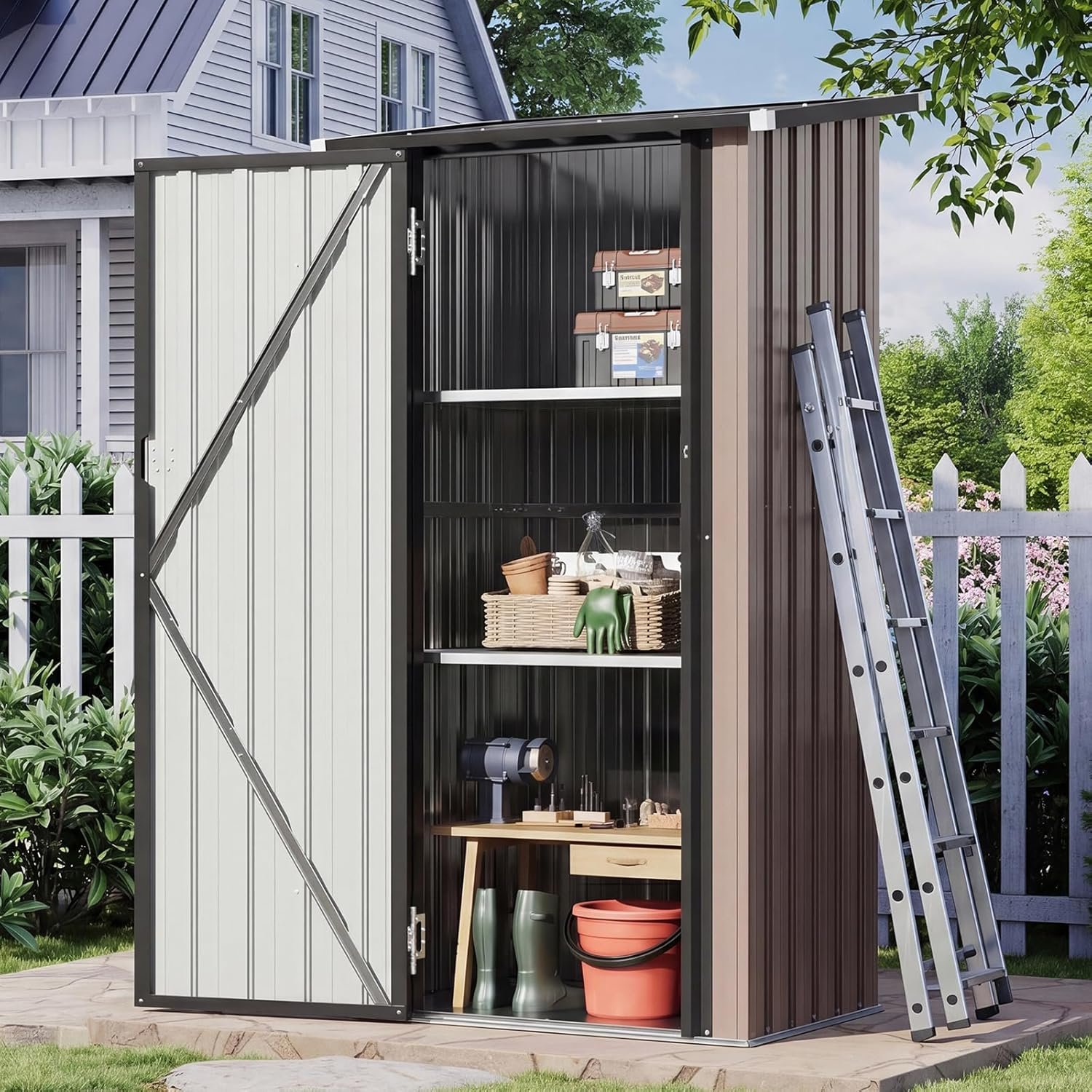 Aoxun Outdoor Storage Cabinet Shed – Vertical Cabinet with Floor, 2 Adjustable Shelves & Lockable Doors, Waterproof Small Tool Shed, for Backyard Garden Patio Lawn Indoor, Brown