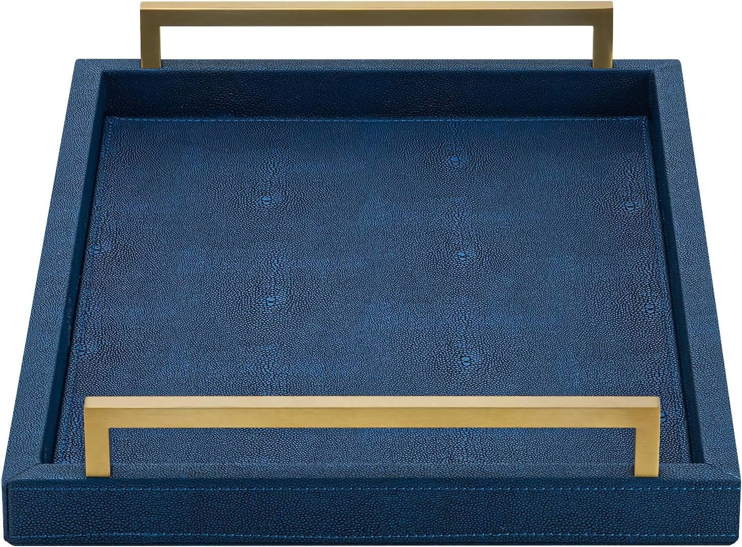 XIGEXIGE Navy Blue Decorative Serving Tray, Shagreen Leather Coffee Table Tray, Rectangle for Home Decor