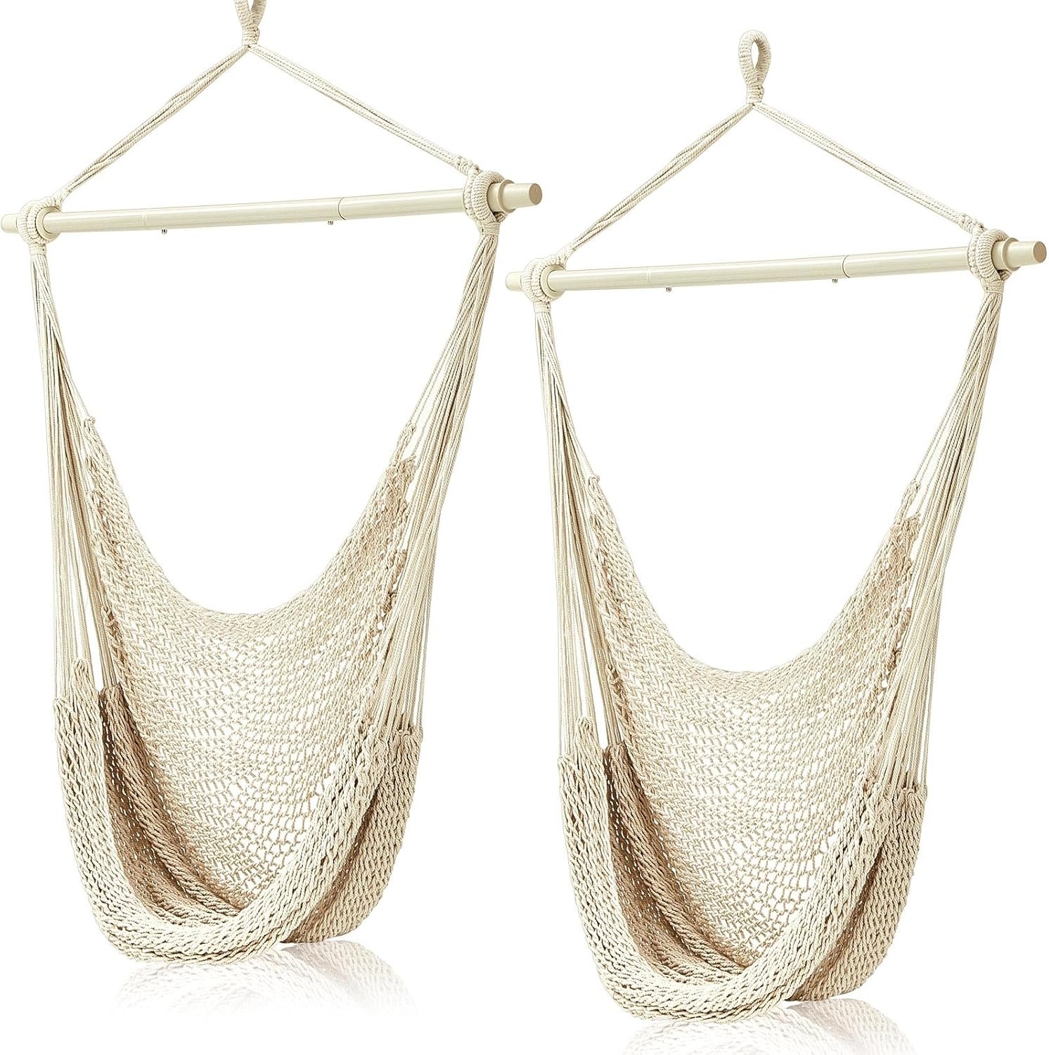 Barydat 2 Pcs Hanging Hammock Chair Boho Swing Chair Outdoor Indoor Comfy Soft Cotton Rope Weaving with 40 Inch Detachable Metal Bars for Backyard Living Room Garden, 270lb Capacity(Beige)