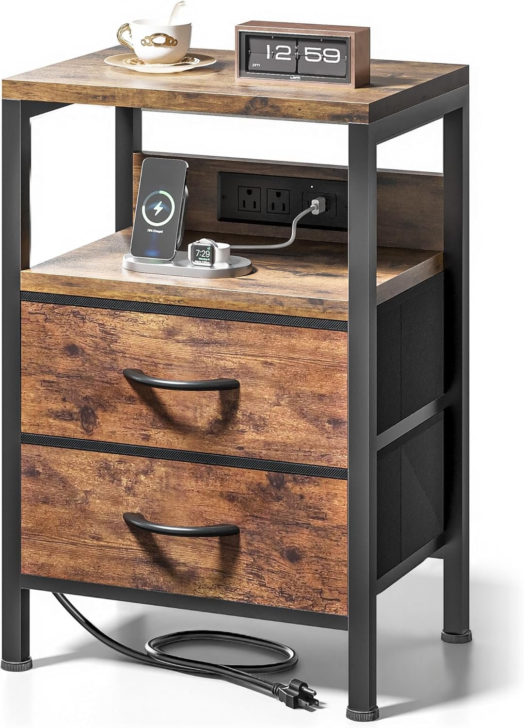 Lazzanto NightStand Bedside Charging Table Bedroom – Brown Night Stand with Charger Station, Modern Bed Side End Table with Open Shelf & 2 Fabric Drawers, USB-C Port for Dorm, Living Room
